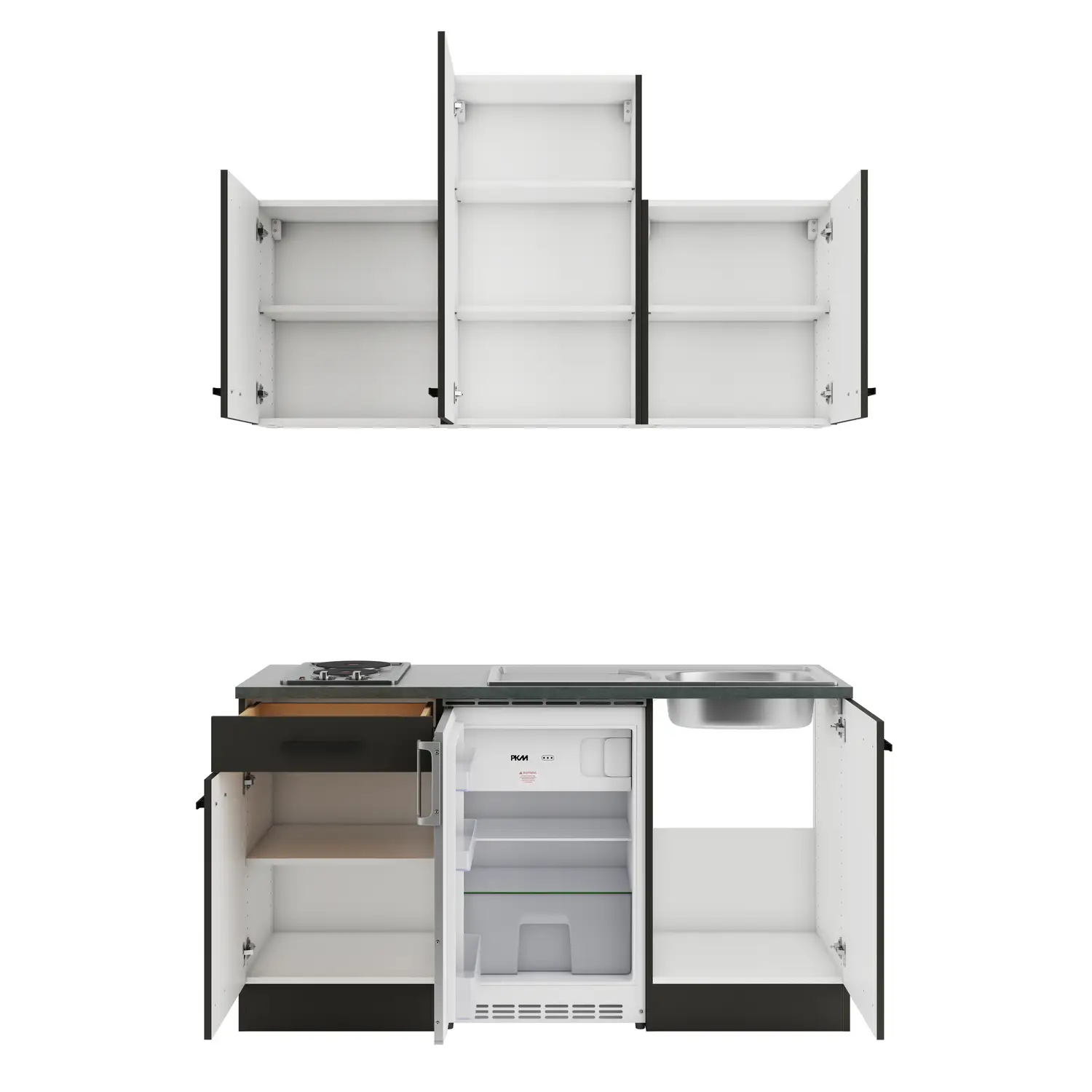 Küchenzeile Madrid / Rimini mit Geräten Anthrazit & Nussbaum Rillendekor 150 cm