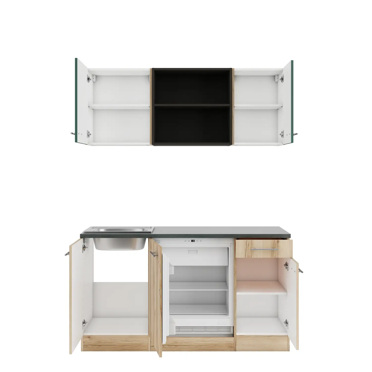 OPTIFIT Livorno / Savona Küchenzeile mit Geräten 150 cm Wildeiche & Steingrün