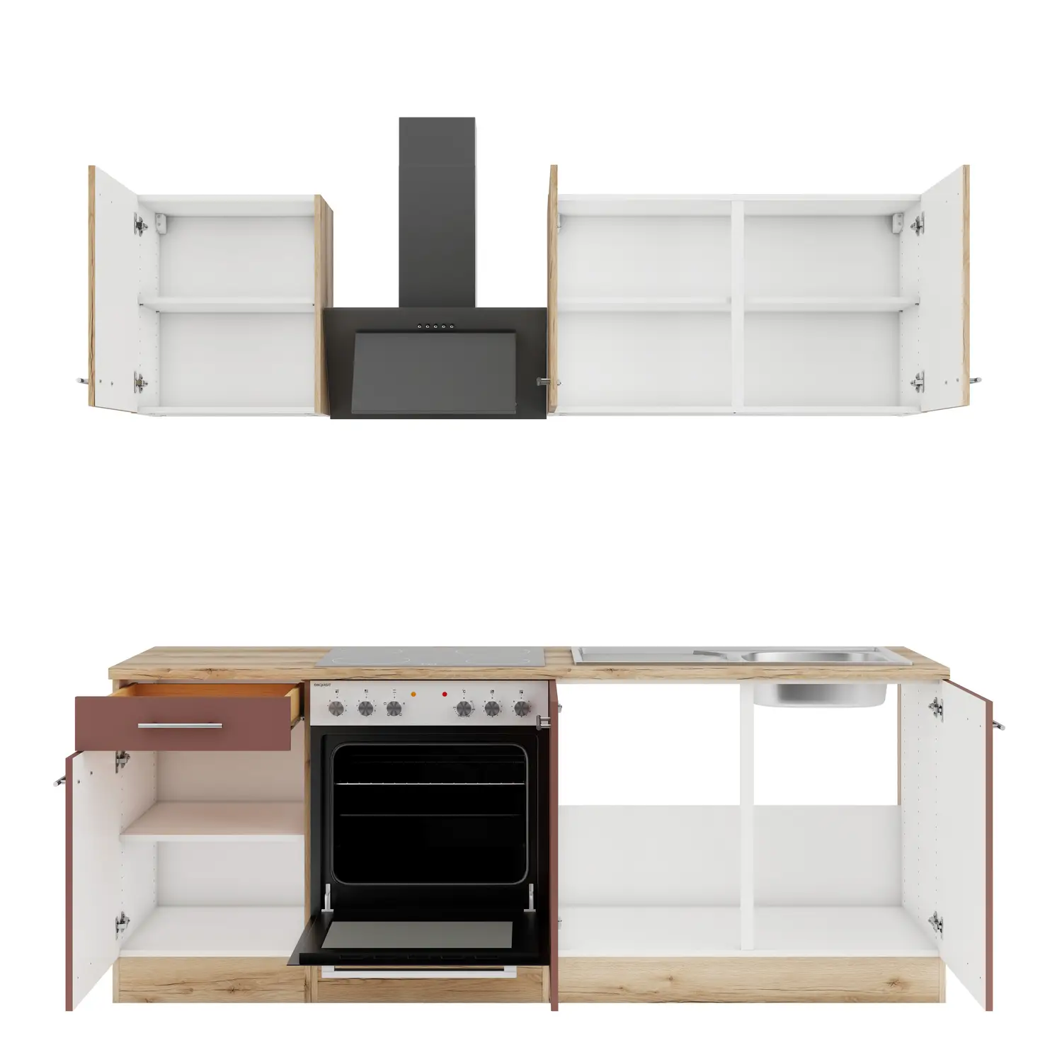Küchenzeile Bari / Livorno ohne Geräte 210 cm Rostrot & Wildeiche