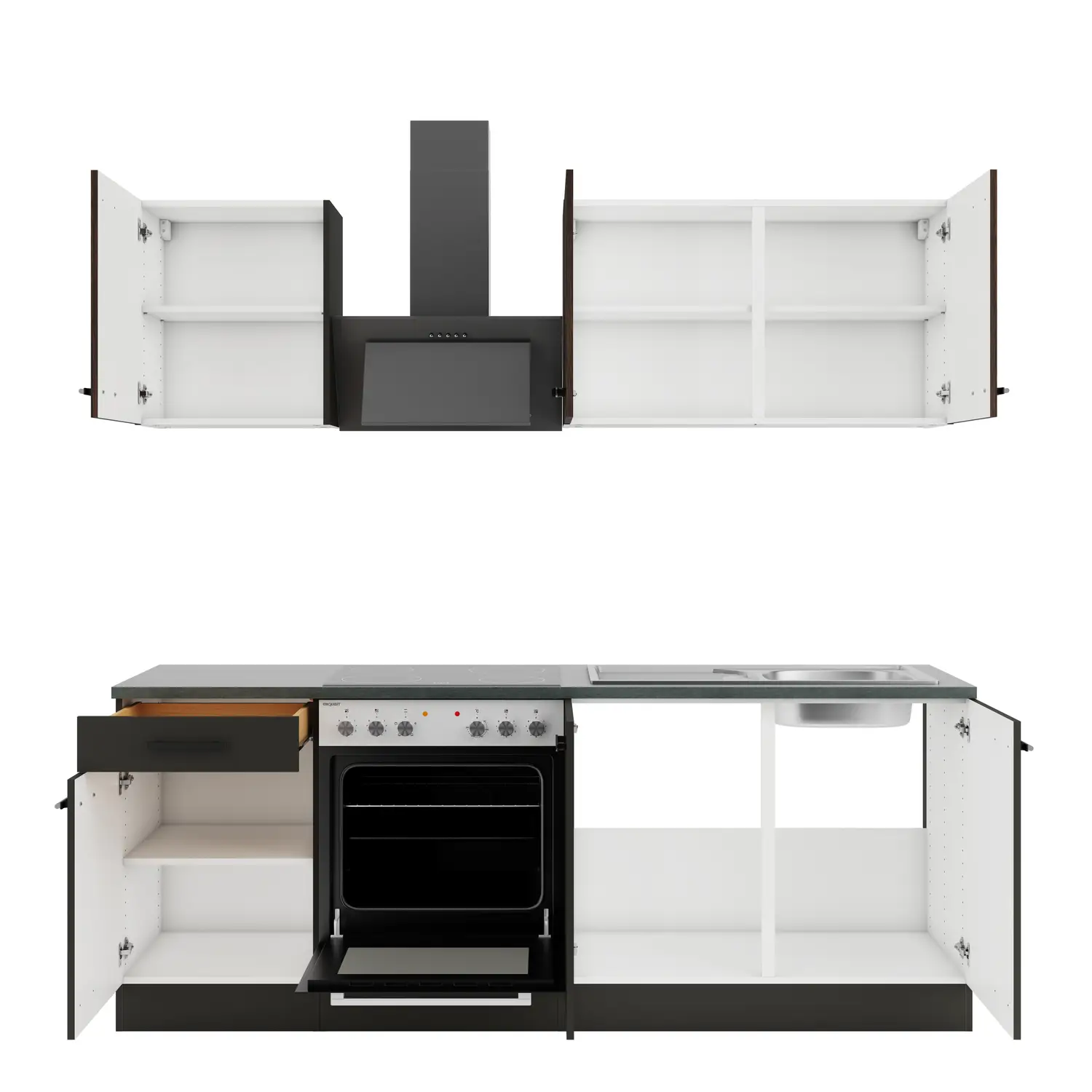 OPTIFIT Madrid / Rimini Küchenzeile ohne Geräte 210 cm Anthrazit & Nussbaum Rillendekor