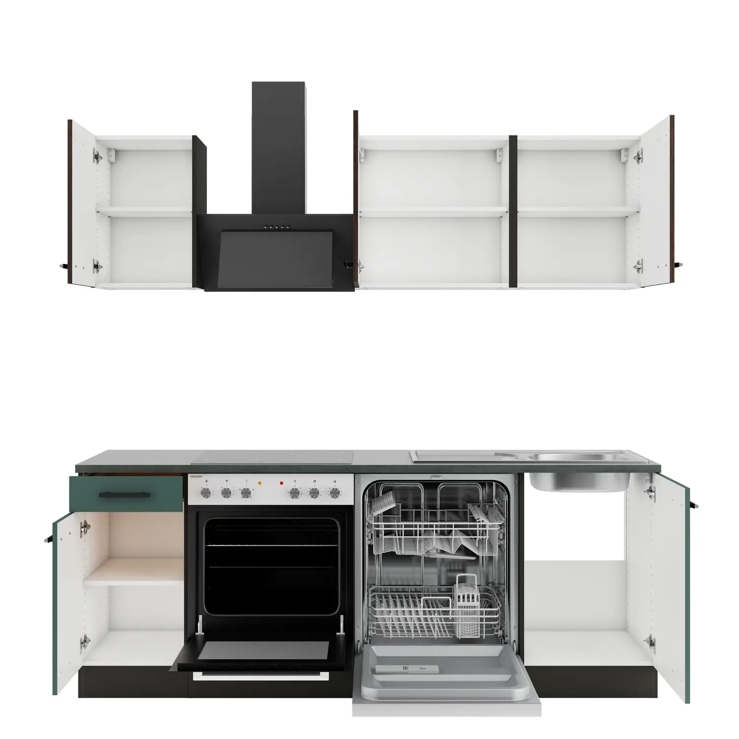 OPTIFIT Verona / Rimini Küchenzeile mit Geräten 210 cm Steingrün & Nussbaum Rillendekor