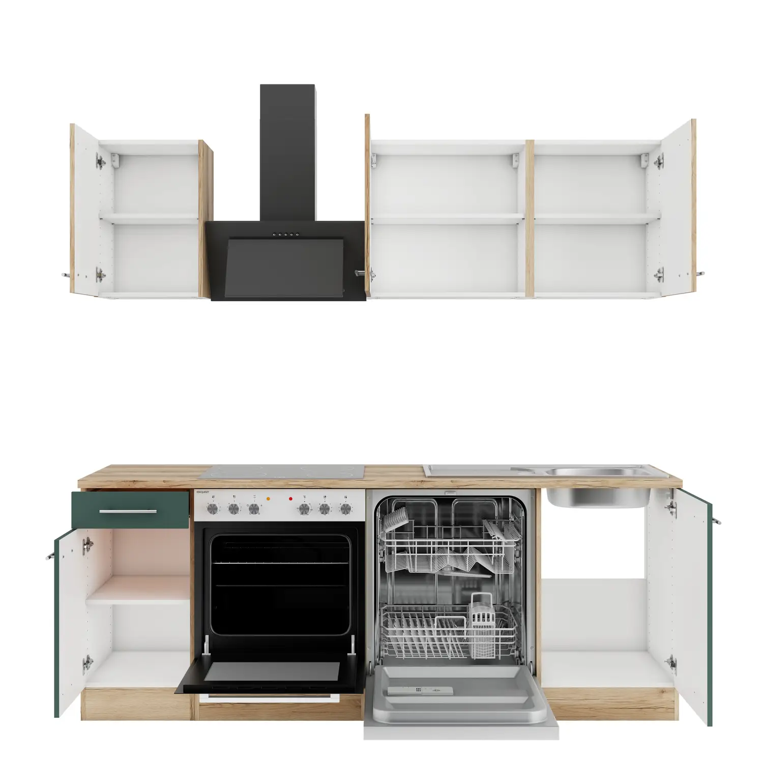 OPTIFIT Savona / Livorno Küchenzeile ohne Geräte 210 cm Steingrün & Wildeiche