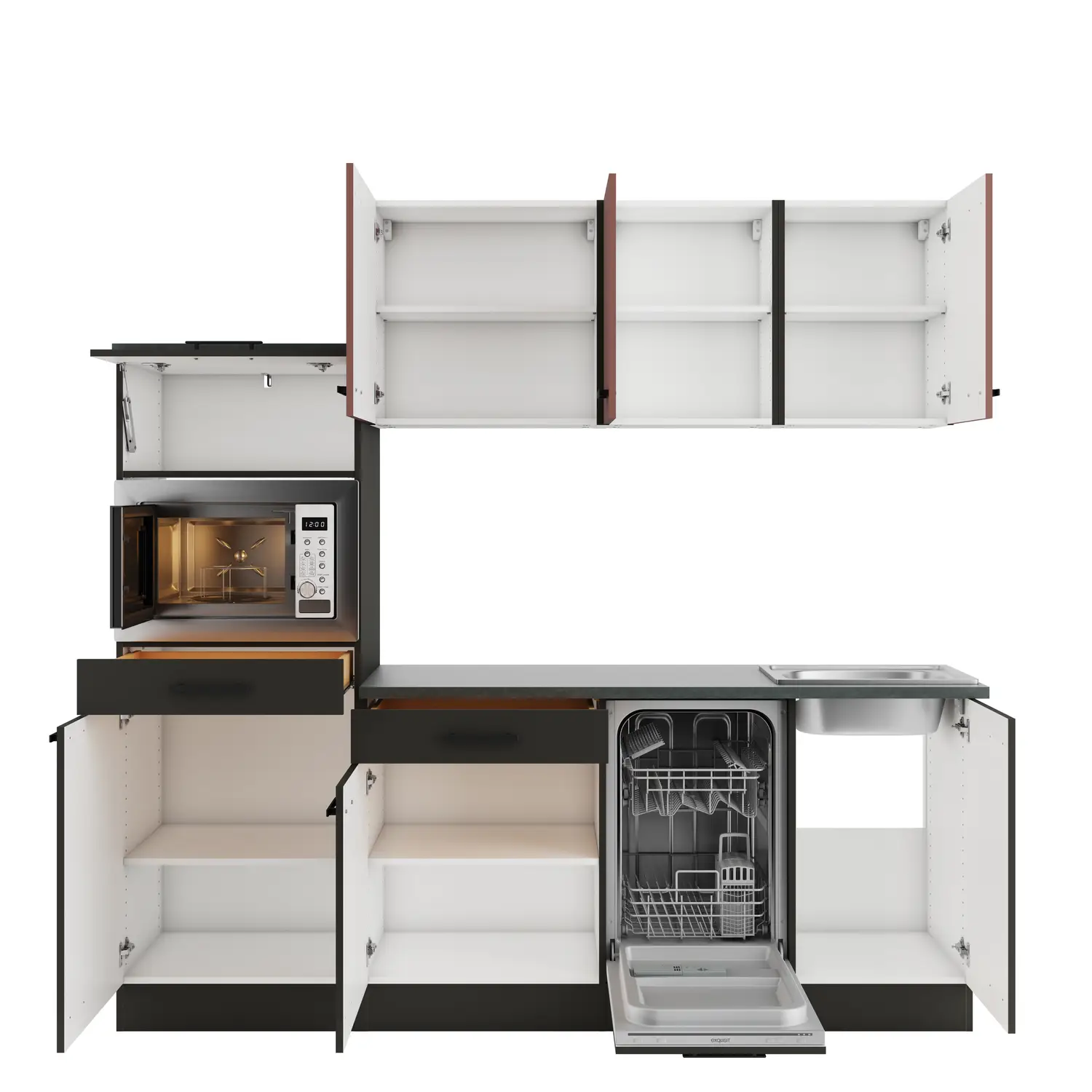 Küchenzeile mit Geräten OPTIFIT Madrid / Nizza 210 cm Anthrazit & Rostrot