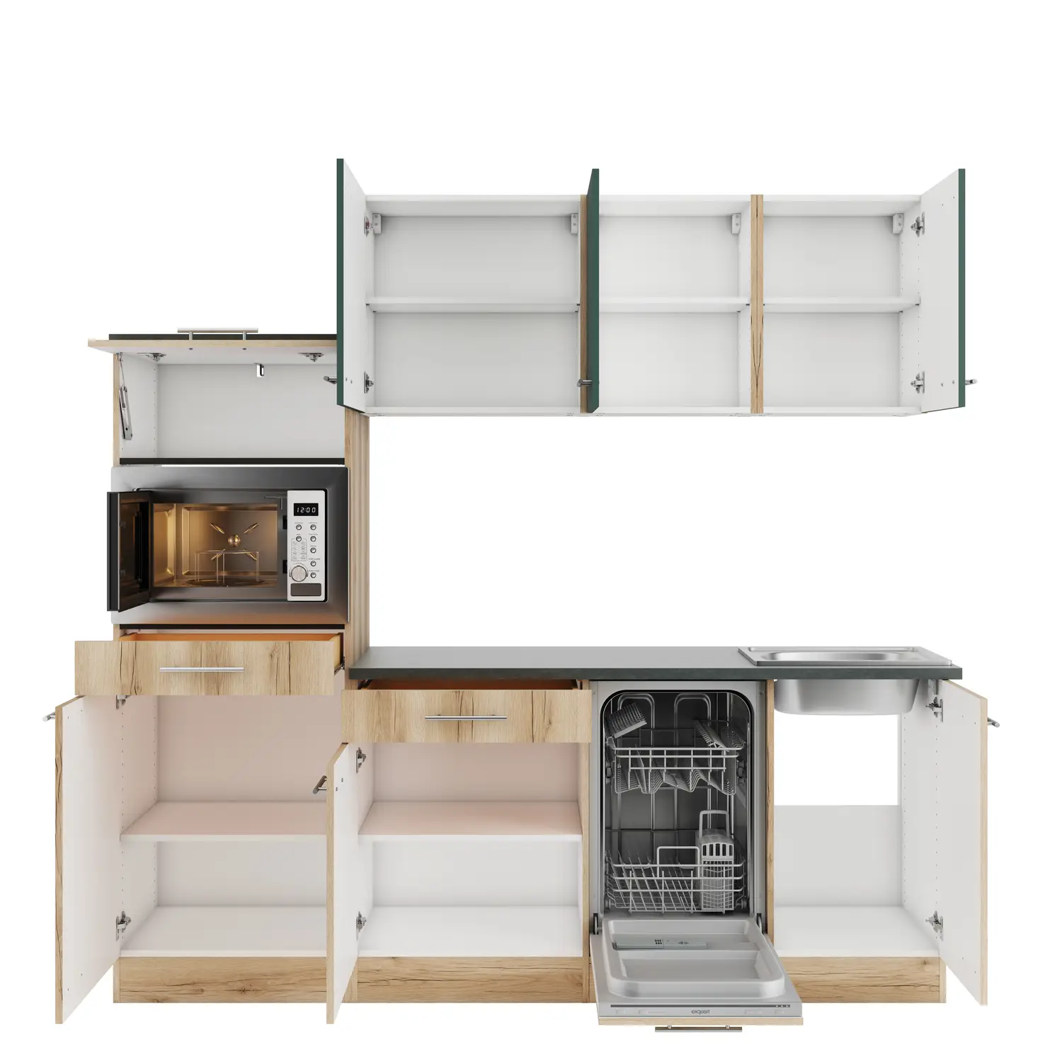 Küchenzeile mit Geräten OPTIFIT Livorno / Savona 210 cm Wildeiche & Steingrün