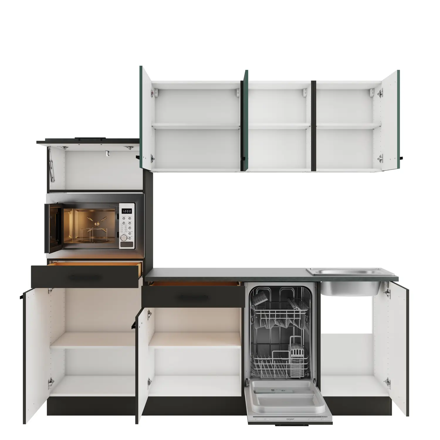 OPTIFIT Madrid / Verona Küchenzeile mit Geräten 210 cm Anthrazit & Steingrün