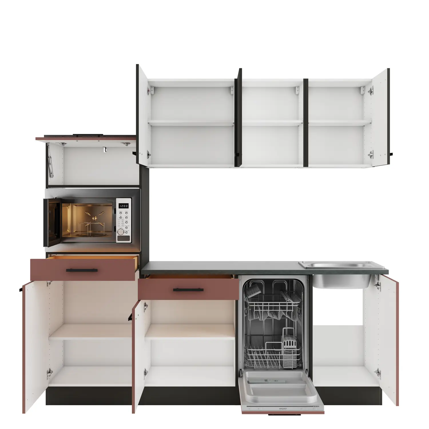 Küchenzeile Nizza / Madrid ohne Geräte 210 cm Rostrot & Anthrazit