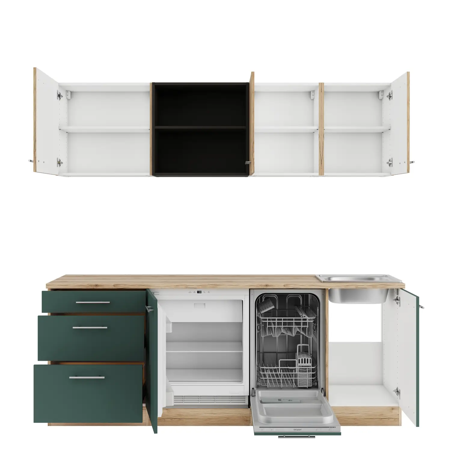 Küchenzeile Savona / Livorno mit Geräten Steingrün & Wildeiche 210 cm