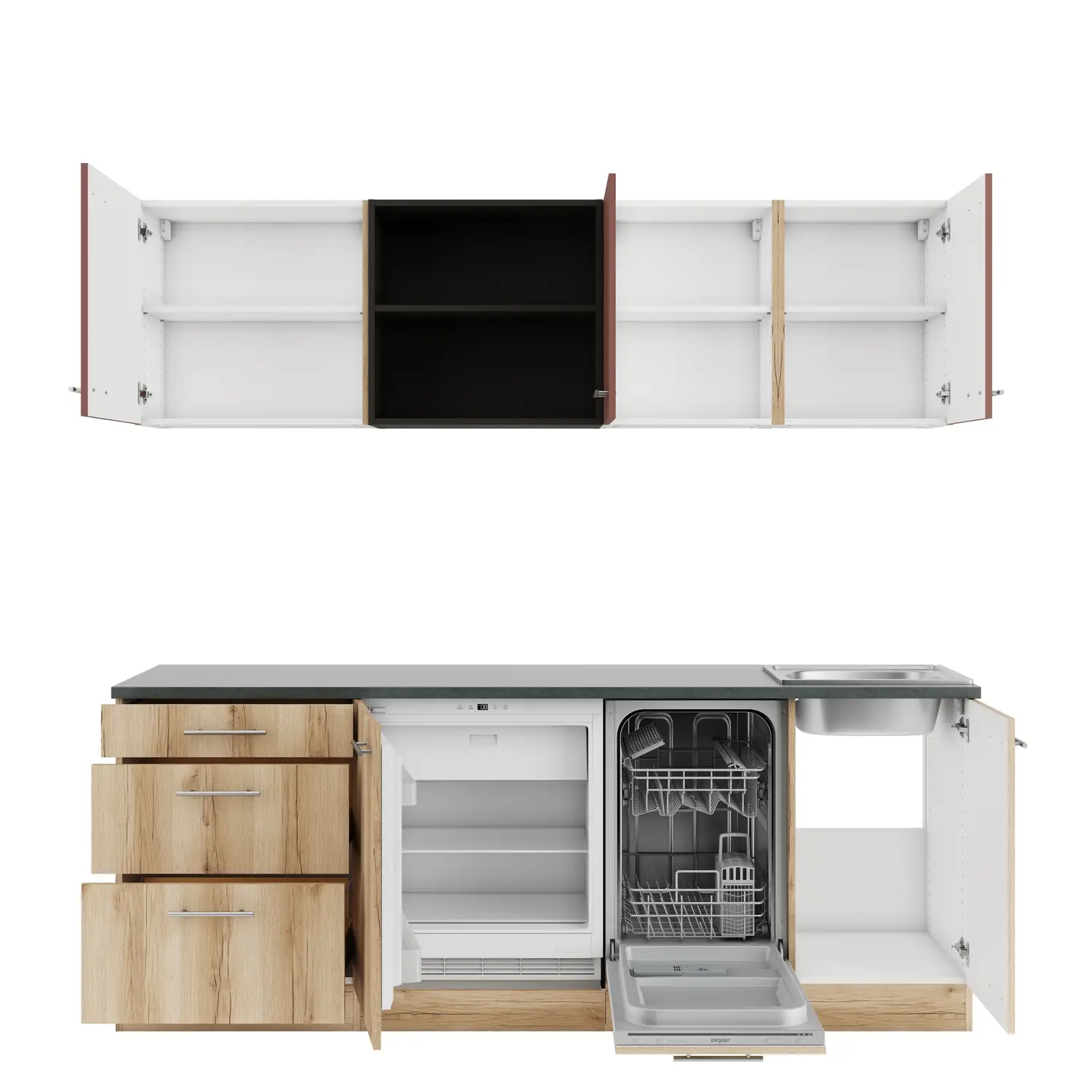Küchenzeile ohne Geräte OPTIFIT Livorno / Bari 210 cm Wildeiche & Rostrot