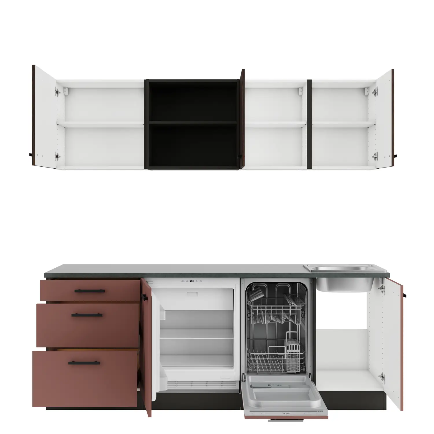 Küchenzeile ohne Geräte OPTIFIT Nizza / Rimini 210 cm Rostrot & Nussbaum Rillendekor