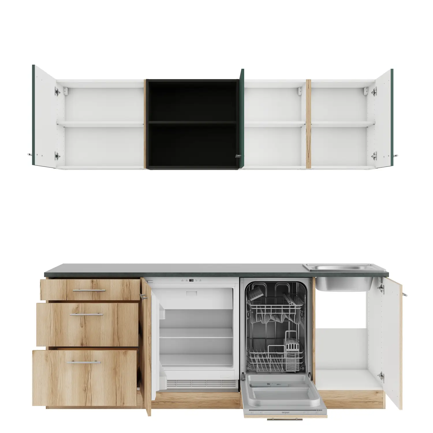 Küchenzeile OPTIFIT Livorno / Savona ohne Geräte 210 cm Wildeiche & Steingrün