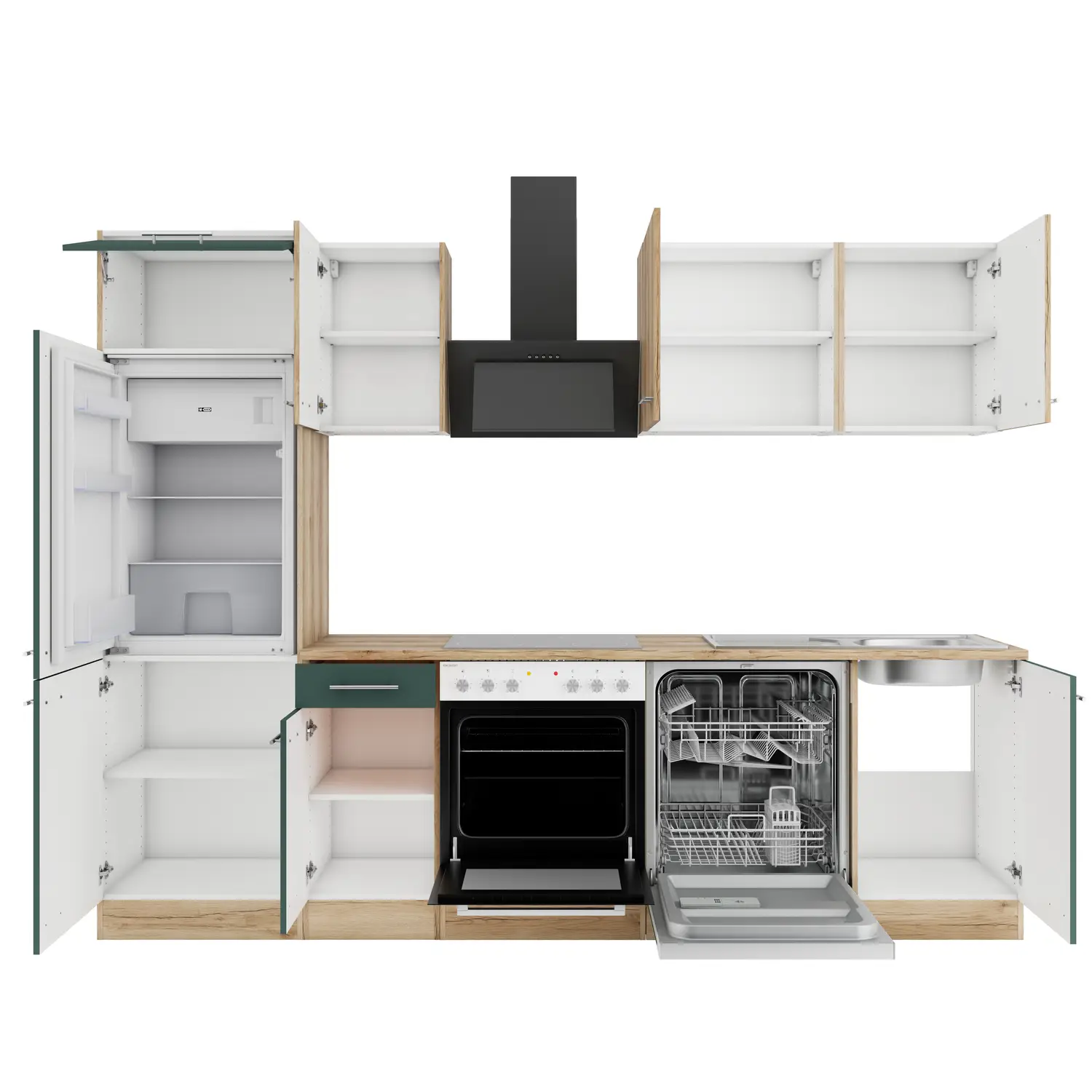 OPTIFIT Savona / Livorno Küchenzeile mit Geräten 270 cm Steingrün & Wildeiche