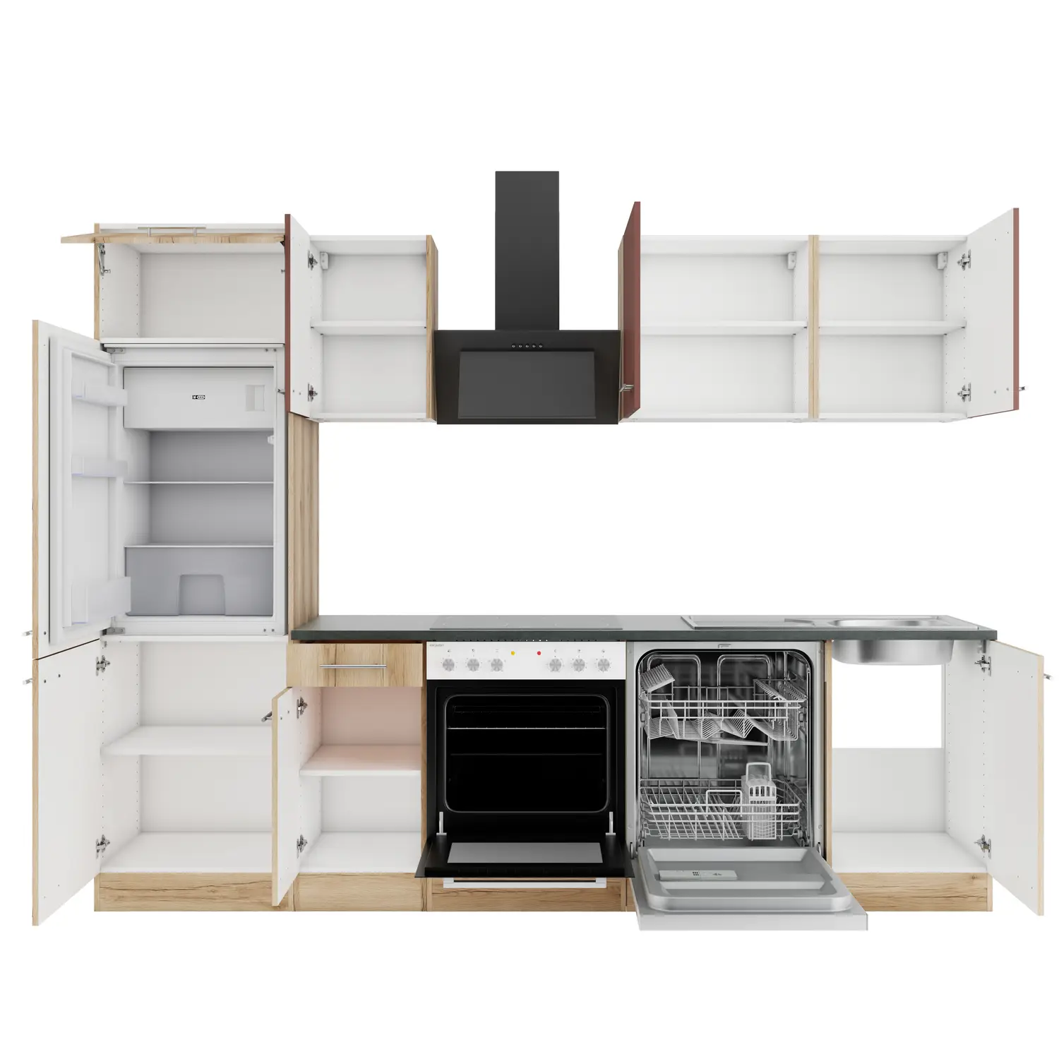 OPTIFIT Livorno / Bari Küchenzeile ohne Geräte 270 cm Wildeiche & Rostrot