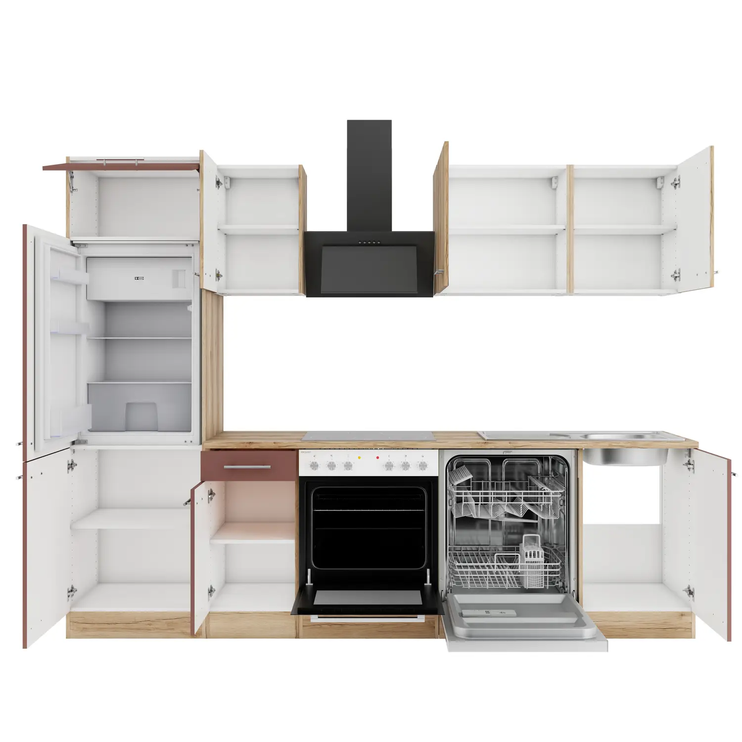 Küchenzeile OPTIFIT Bari / Livorno ohne Geräte 270 cm Rostrot & Wildeiche
