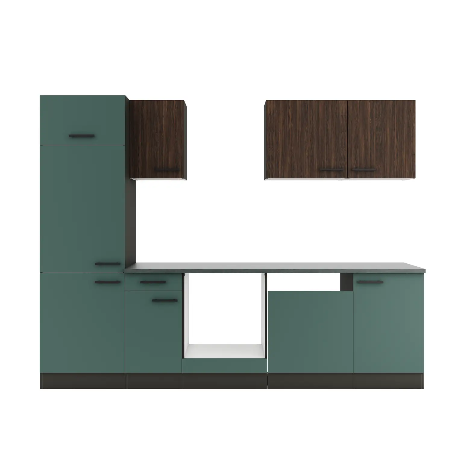 Küchenzeile ohne E-Geräte 270 cm Steingrün & Nussbaum Rillendekor