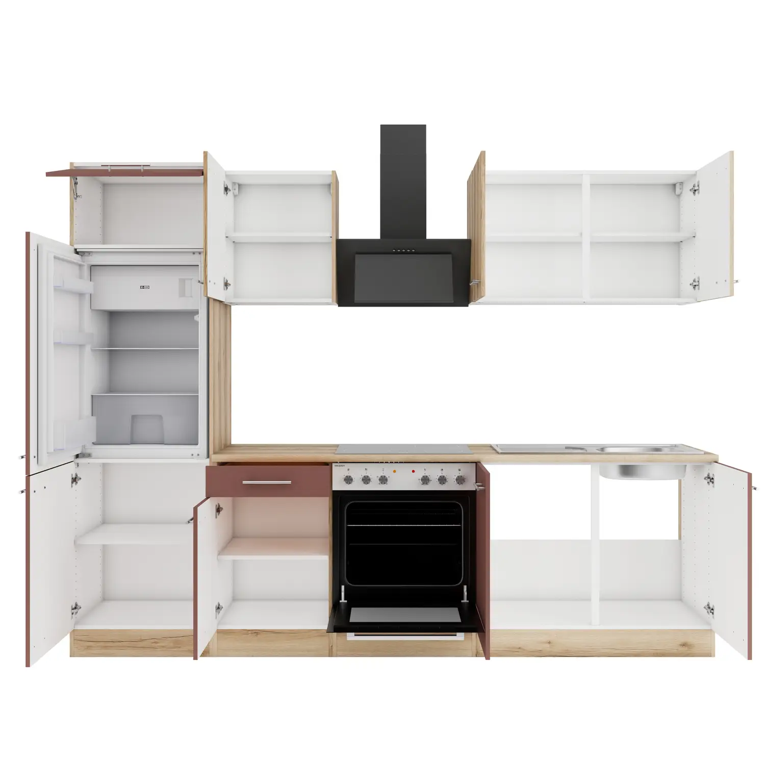 Küchenzeile Bari / Livorno ohne Geräte 270 cm Rostrot & Wildeiche