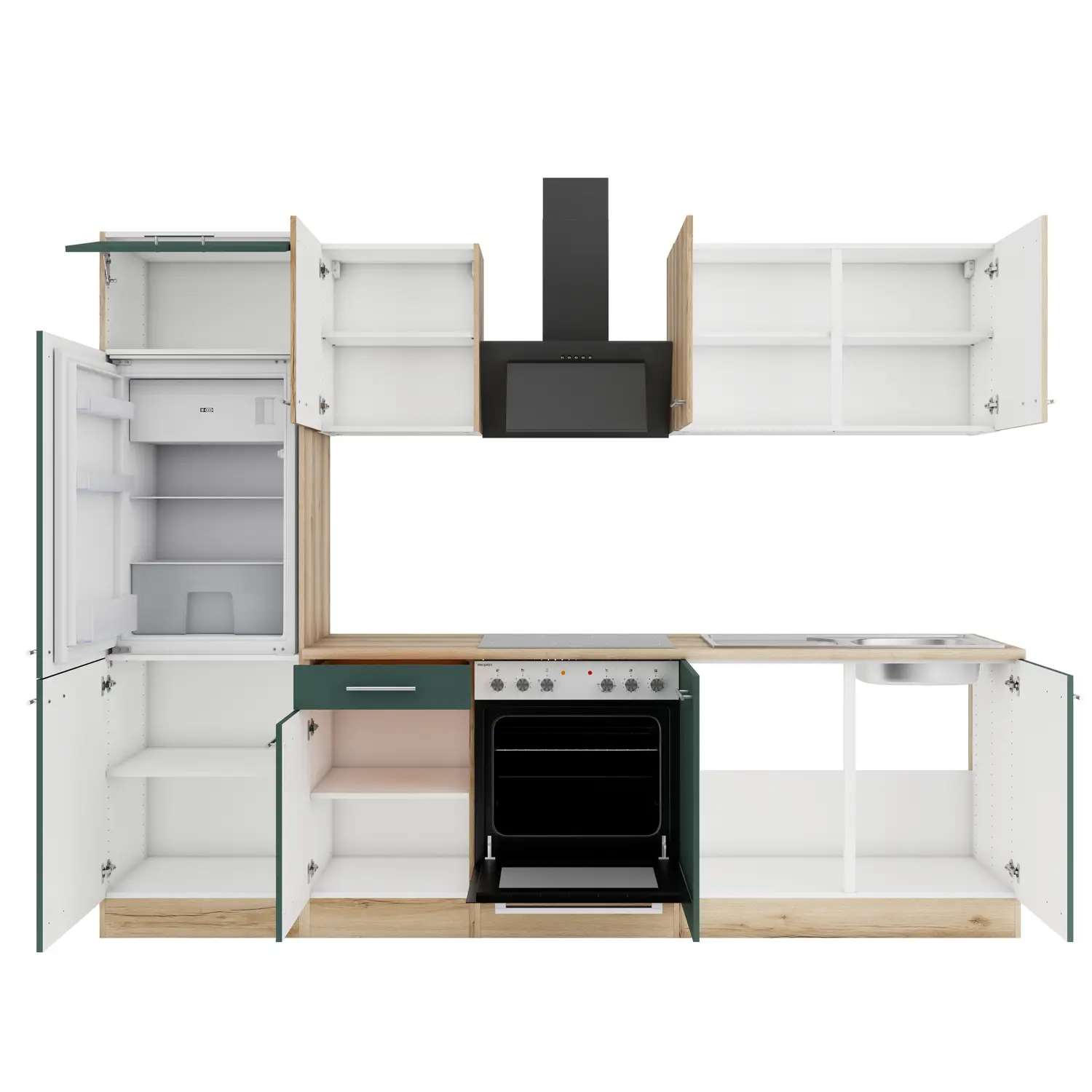 Küchenzeile ohne Geräte OPTIFIT Savona / Livorno 270 cm Steingrün & Wildeiche