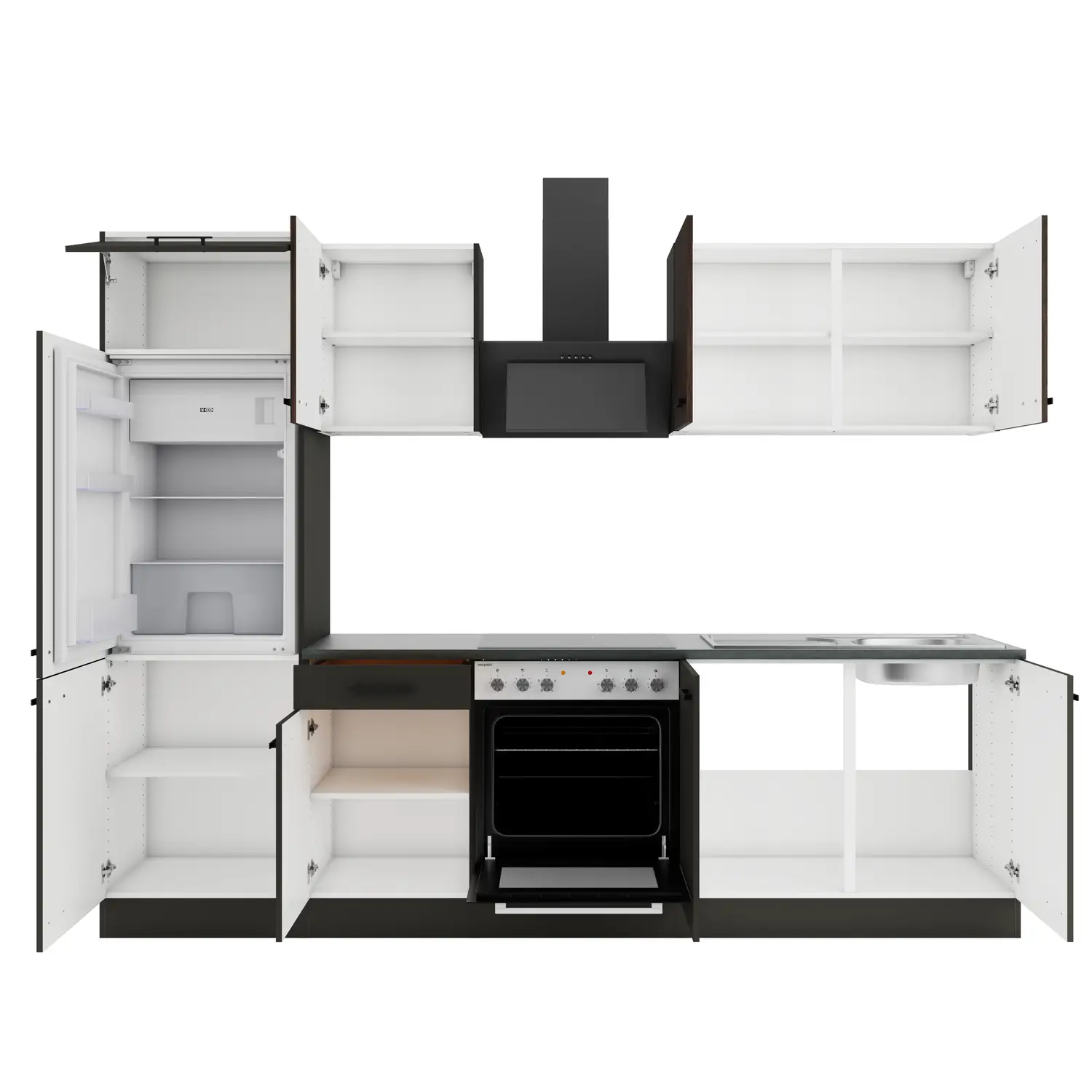OPTIFIT Madrid / Rimini Küchenzeile ohne Geräte 270 cm Anthrazit & Nussbaum Rillendekor
