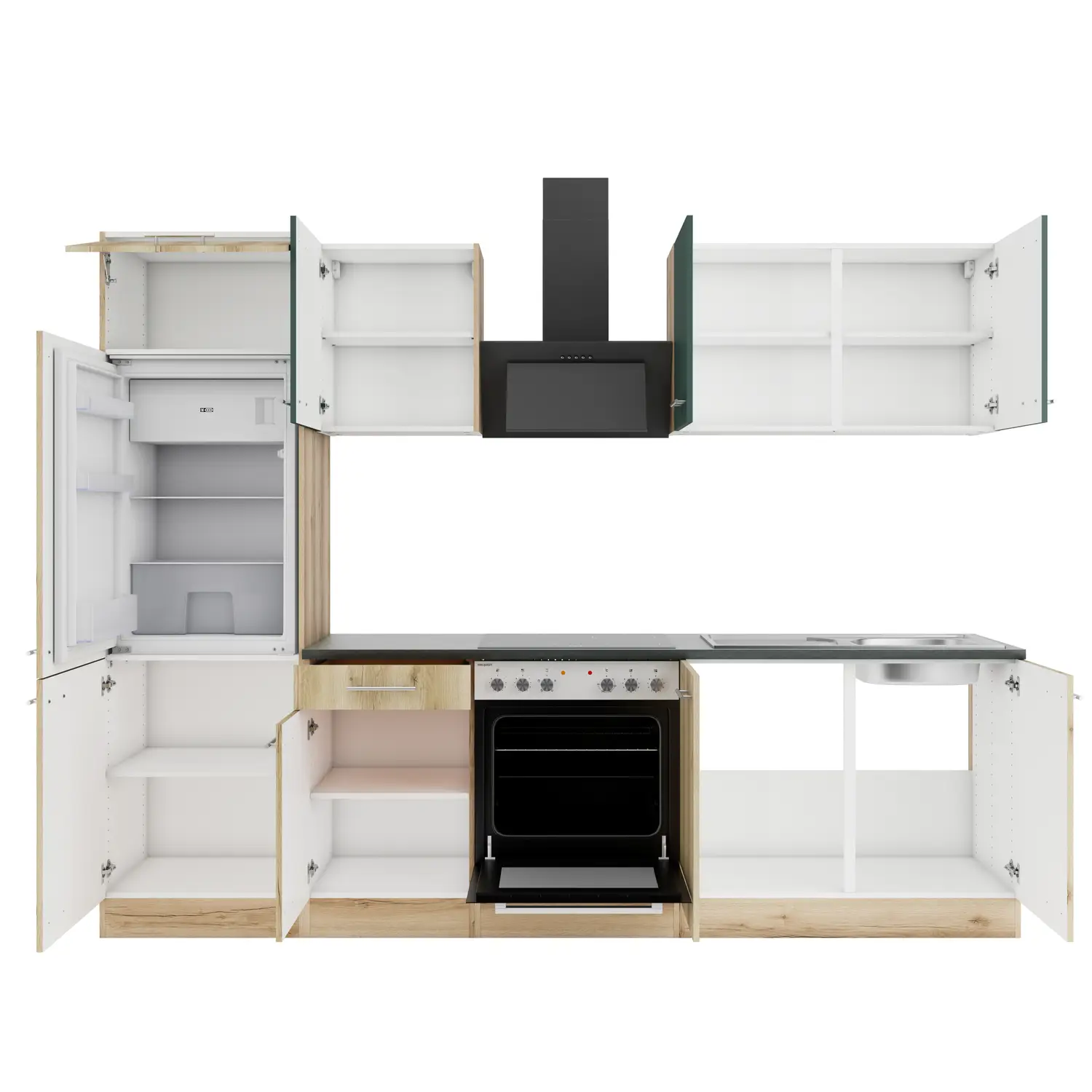 Küchenzeile ohne Geräte OPTIFIT Livorno / Savona 270 cm Wildeiche & Steingrün