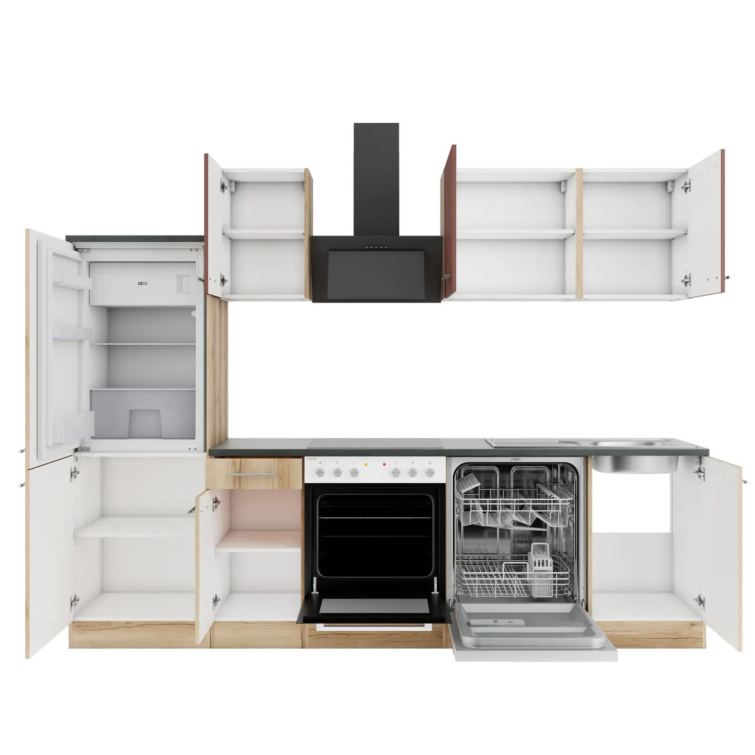 Küchenzeile OPTIFIT Livorno / Bari ohne Geräte 270 cm Wildeiche & Rostrot