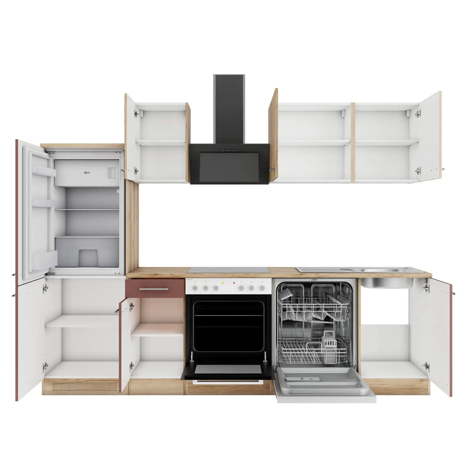 Küchenzeile ohne Geräte OPTIFIT Bari / Livorno 270 cm Rostrot & Wildeiche