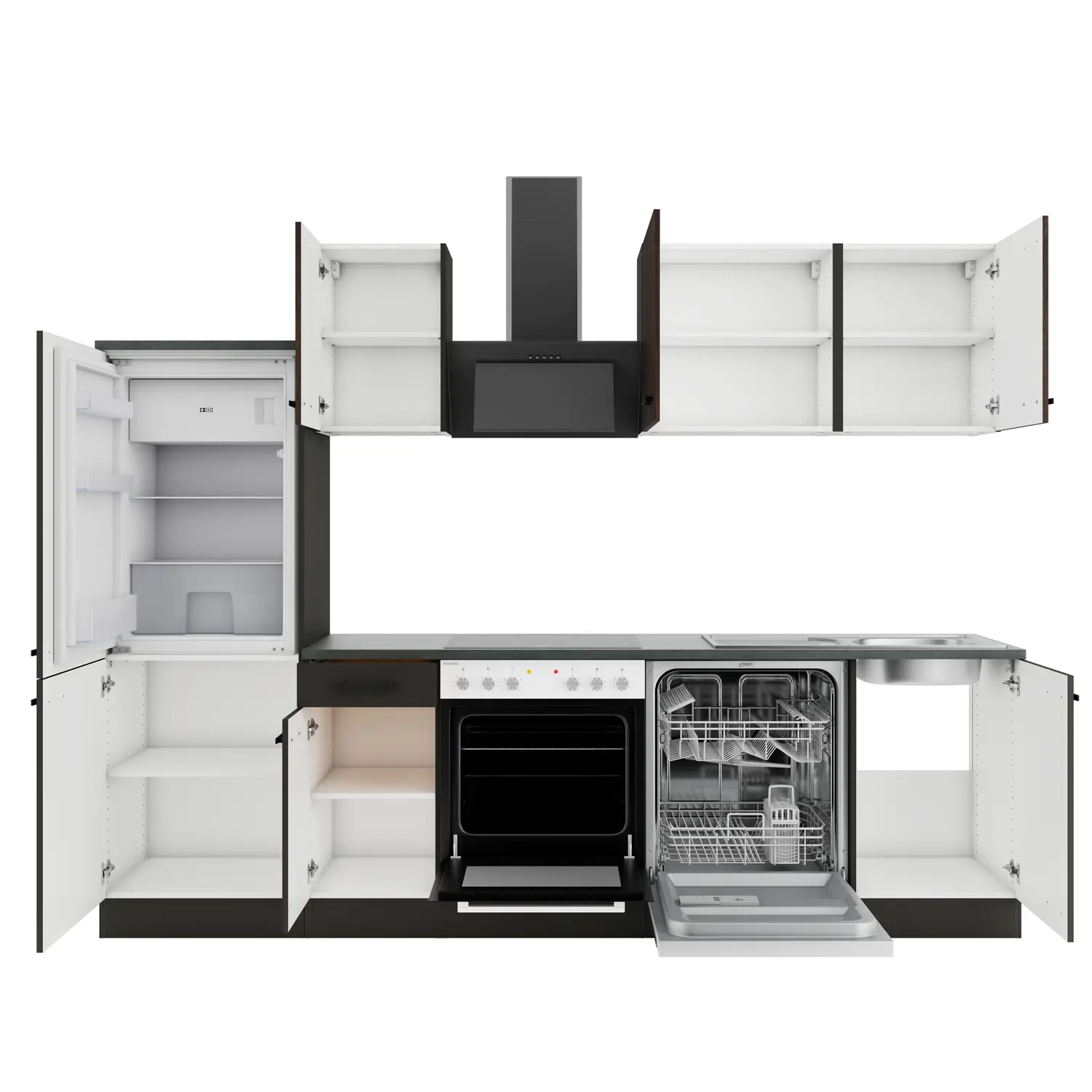 Küchenzeile ohne E-Geräte 270 cm Anthrazit & Nussbaum Rillendekor