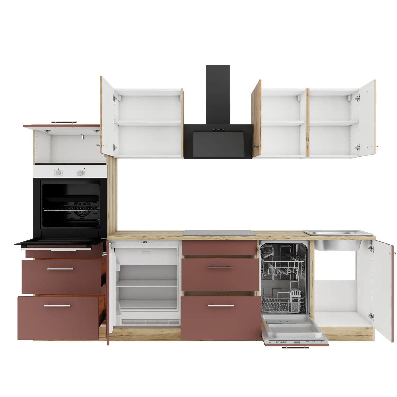 OPTIFIT Bari / Livorno Küchenzeile ohne Geräte 270 cm Rostrot & Wildeiche