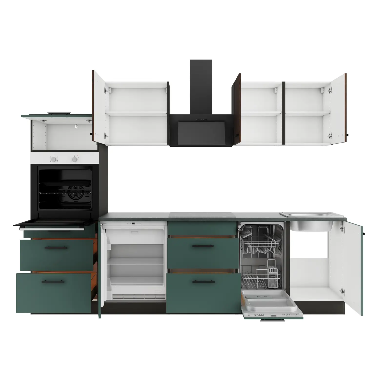 Küchenzeile ohne Geräte OPTIFIT Verona / Rimini 270 cm Steingrün & Nussbaum Rillendekor