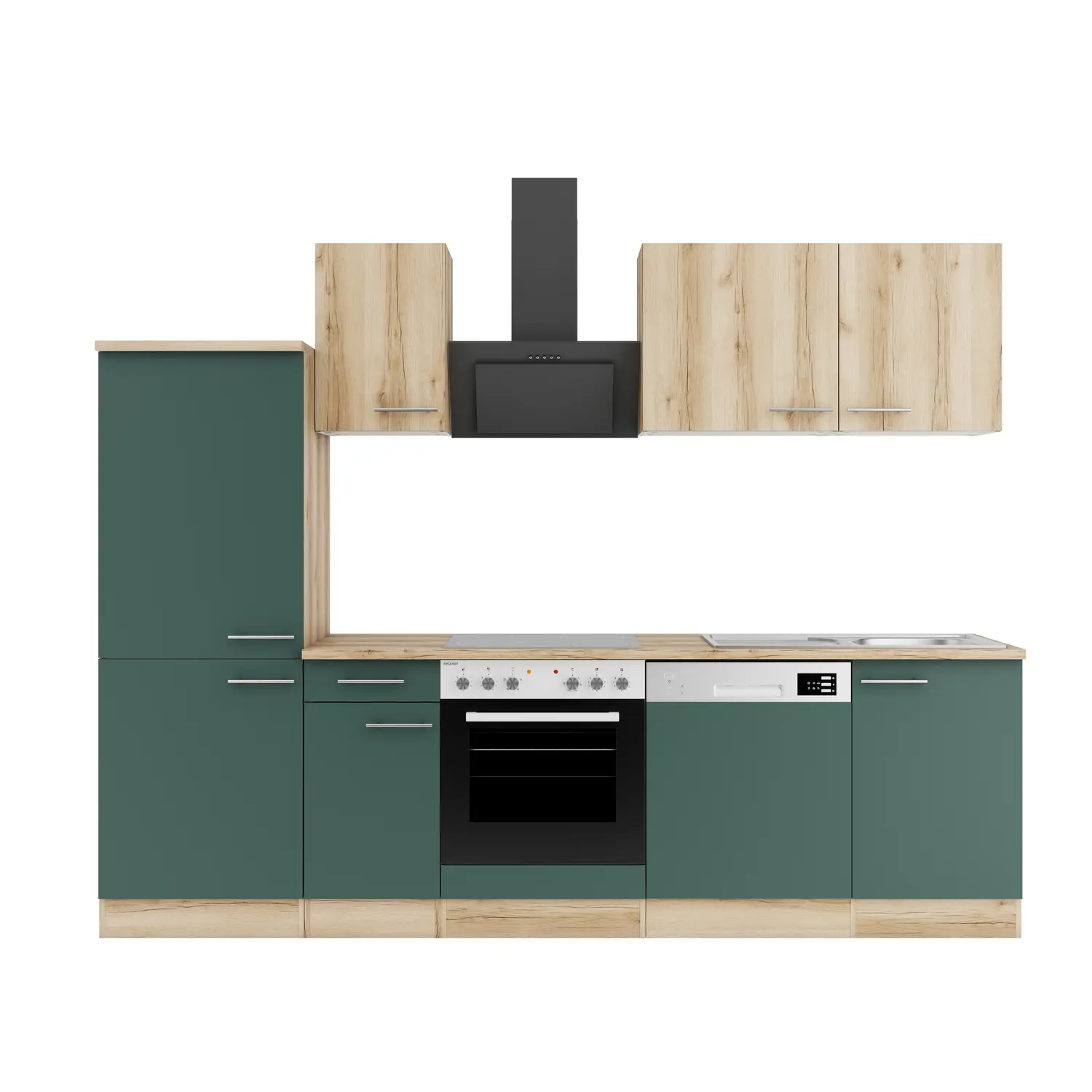OPTIFIT Küchenzeile Savona / Livorno mit Geräten 270 cm Steingrün & Wildeiche