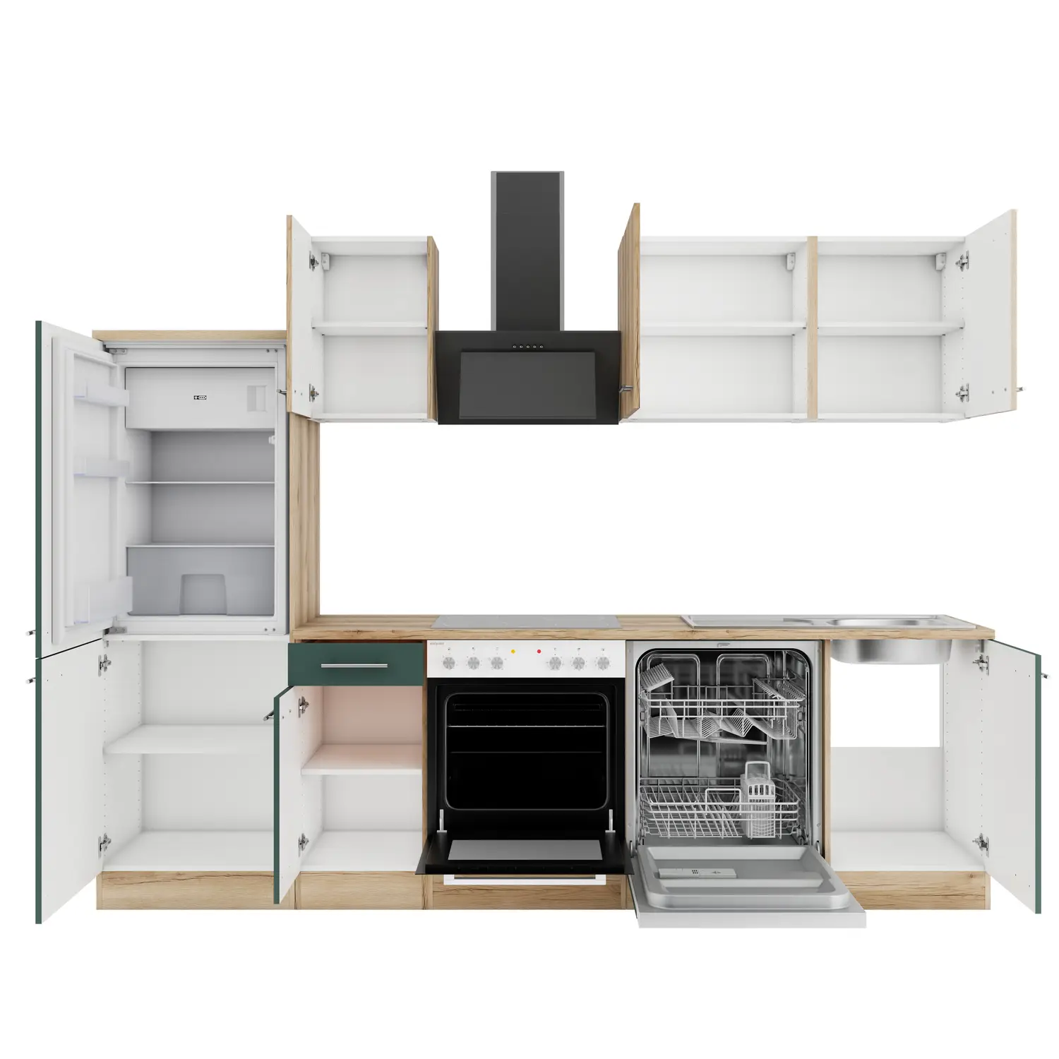 OPTIFIT Küchenzeile Savona / Livorno mit Geräten 270 cm Steingrün & Wildeiche