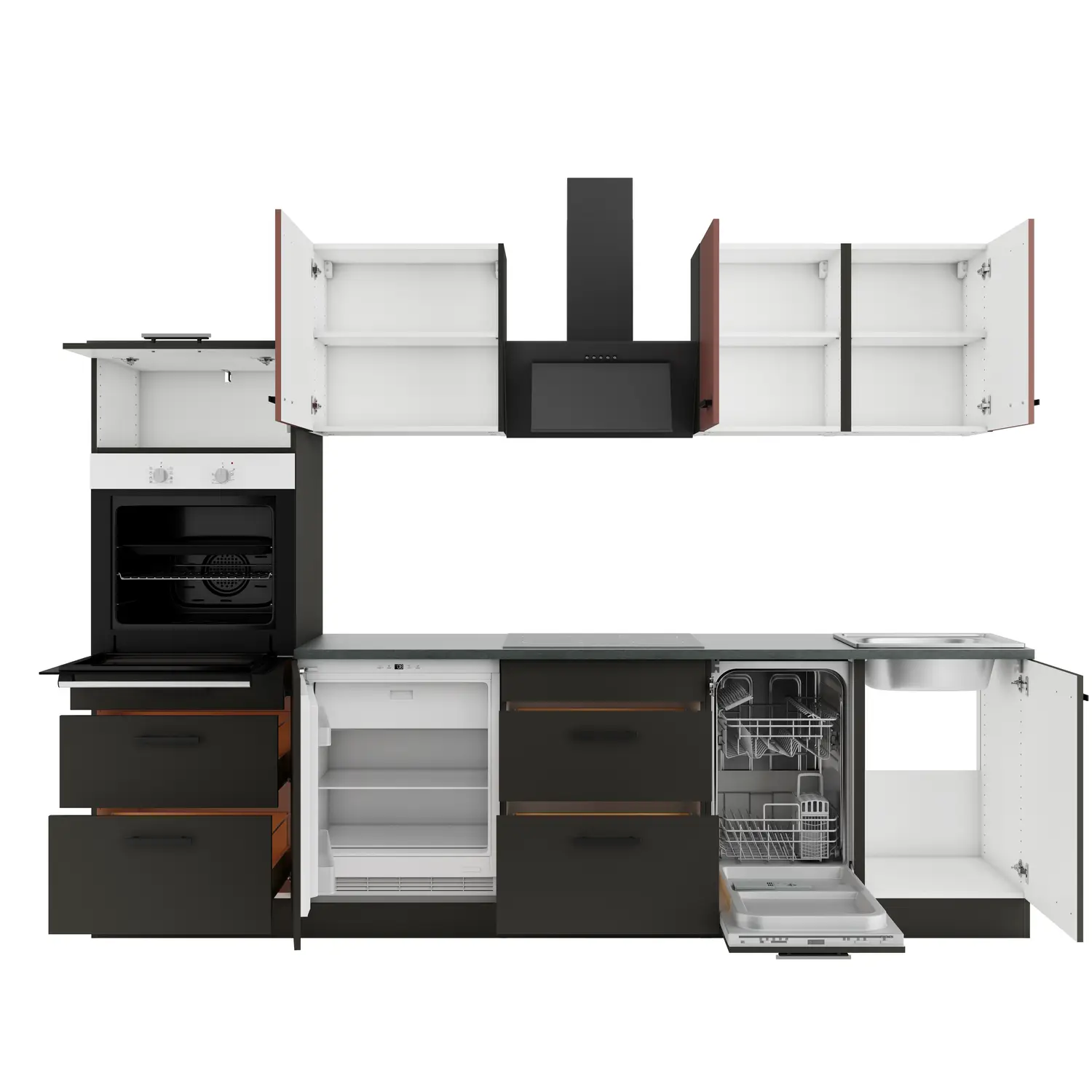Küchenzeile mit Geräten OPTIFIT Madrid / Nizza 270 cm Anthrazit & Rostrot