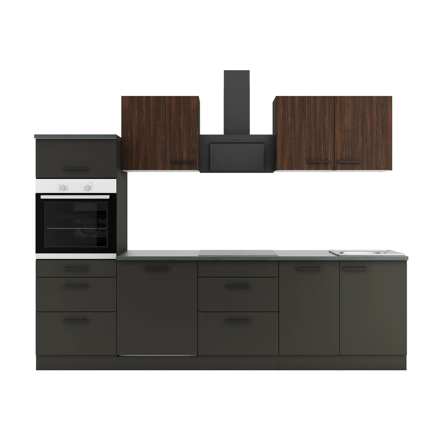 Küchenzeile Madrid / Rimini mit Geräten Anthrazit & Nussbaum Rillendekor 270 cm
