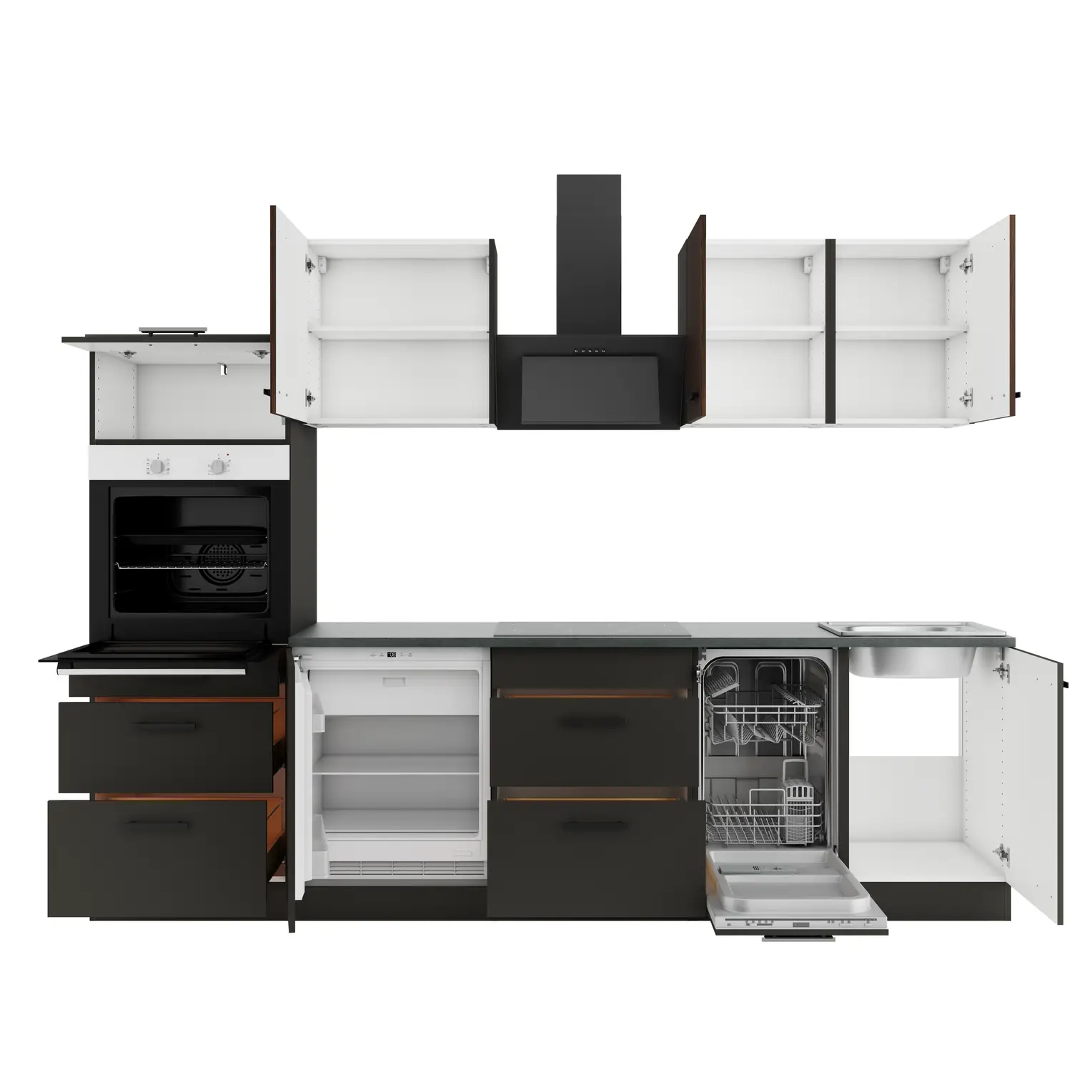 Küchenzeile Madrid / Rimini mit Geräten Anthrazit & Rillendekor Nussbaum 270 cm