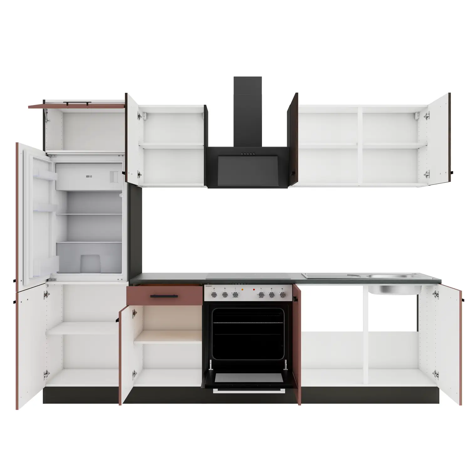 Küchenzeile mit Geräten OPTIFIT Nizza / Rimini 270 cm Rostrot & Rillendekor Nussbaum