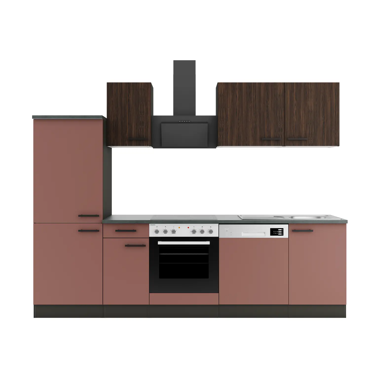 Küchenzeile Nizza / Rimini mit Geräten Rostrot & Nussbaum Rillendekor 270 cm