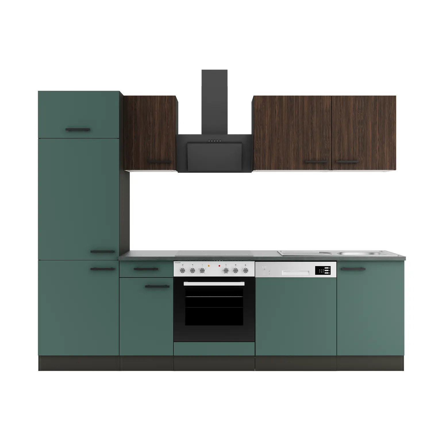 Küchenzeile mit Geräten OPTIFIT Verona / Rimini 270 cm Steingrün & Nussbaum Rillendekor