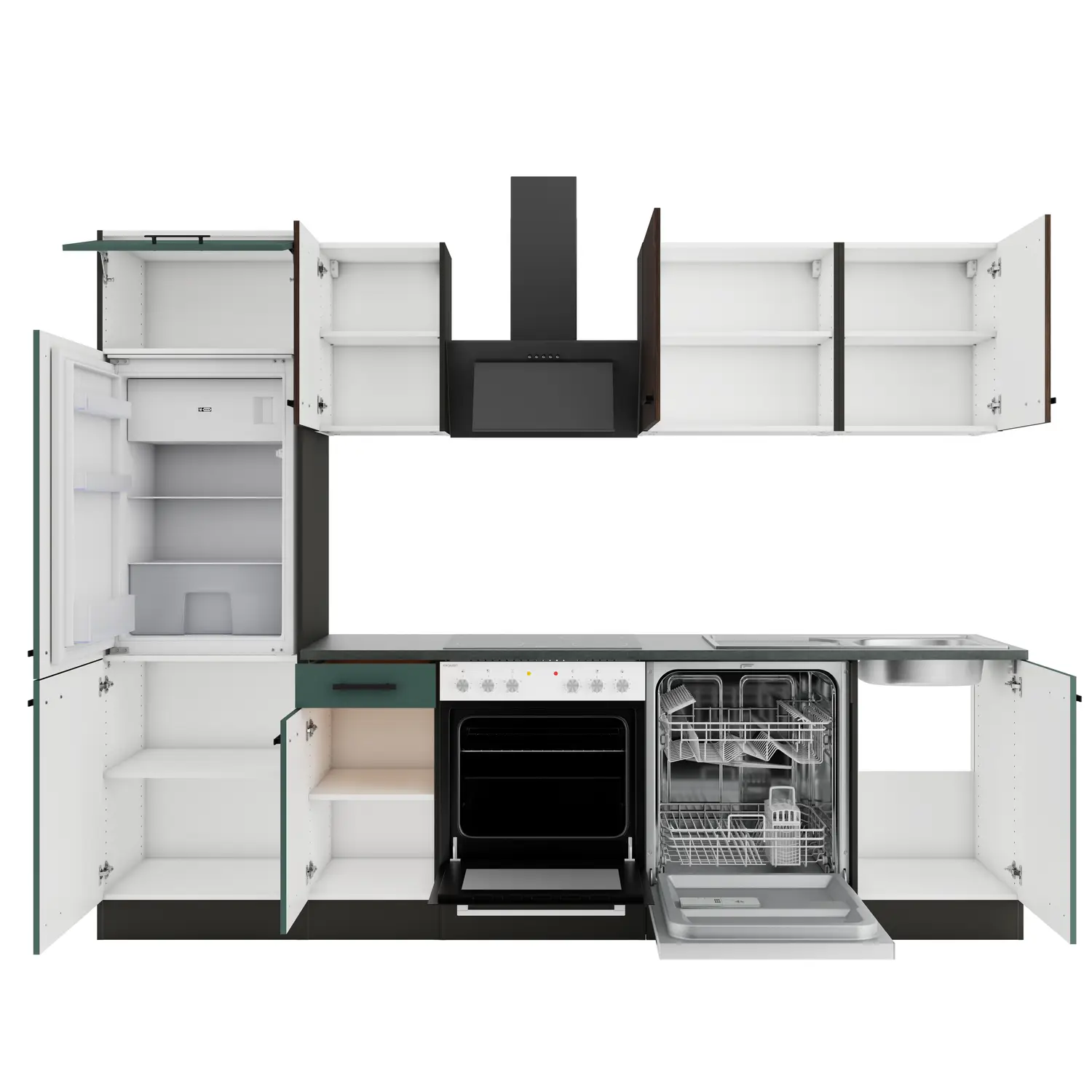 Küchenzeile mit Geräten OPTIFIT Verona / Rimini 270 cm Steingrün & Rillendekor Nussbaum