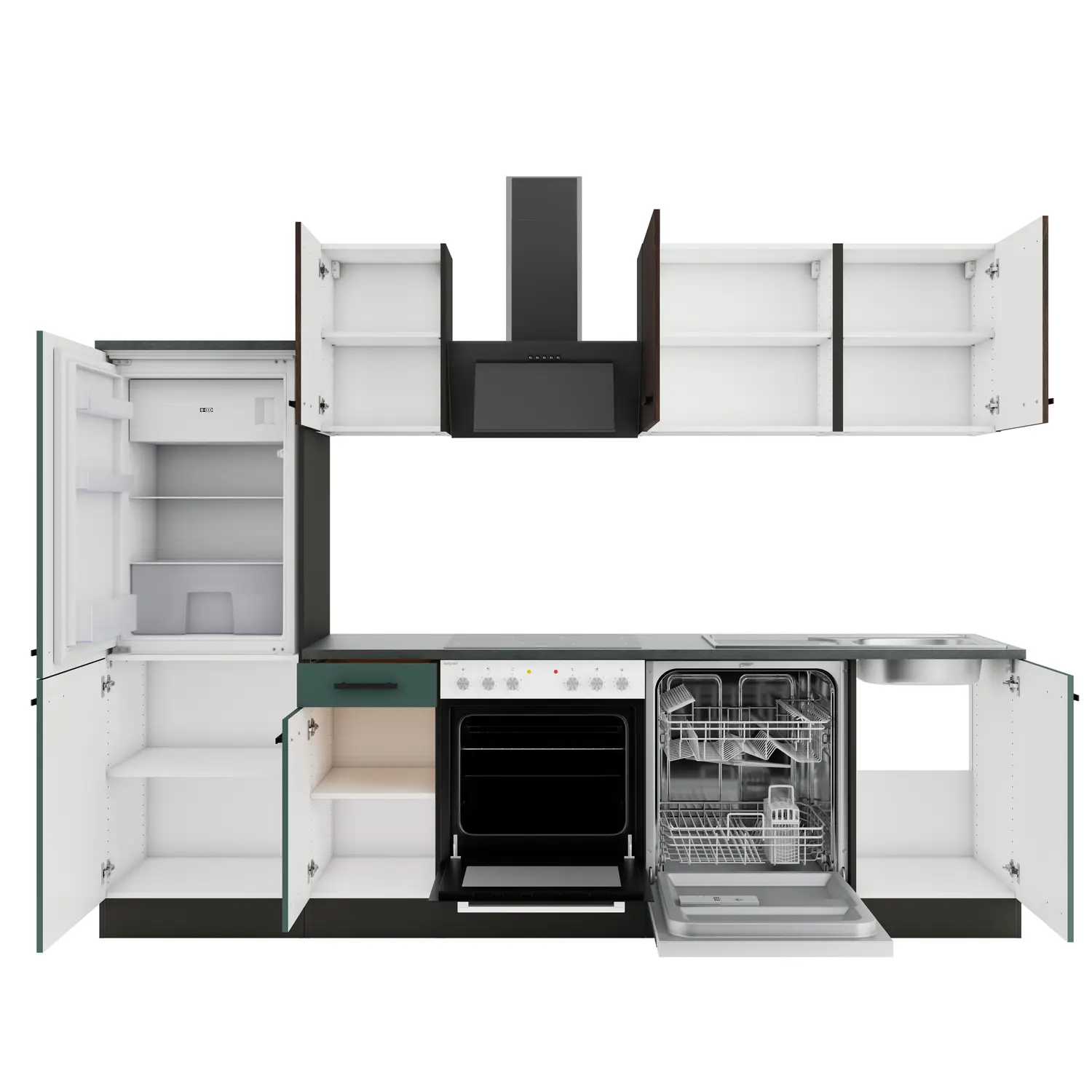 OPTIFIT Verona / Rimini Küchenzeile mit Geräten 270 cm Steingrün & Nussbaum Rillendekor