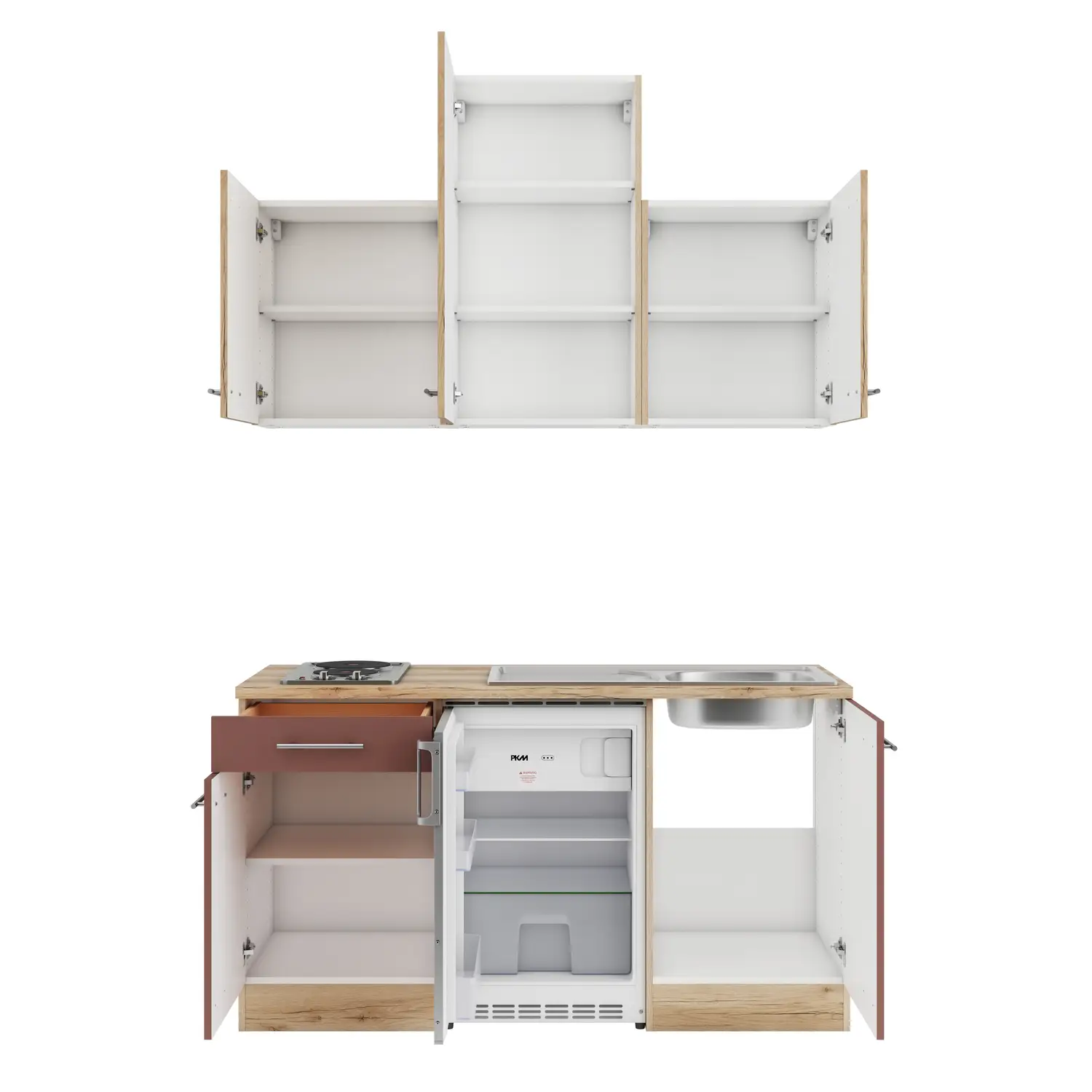 OPTIFIT Küchenzeile Bari / Livorno mit Geräten 150 cm Rostrot & Wildeiche
