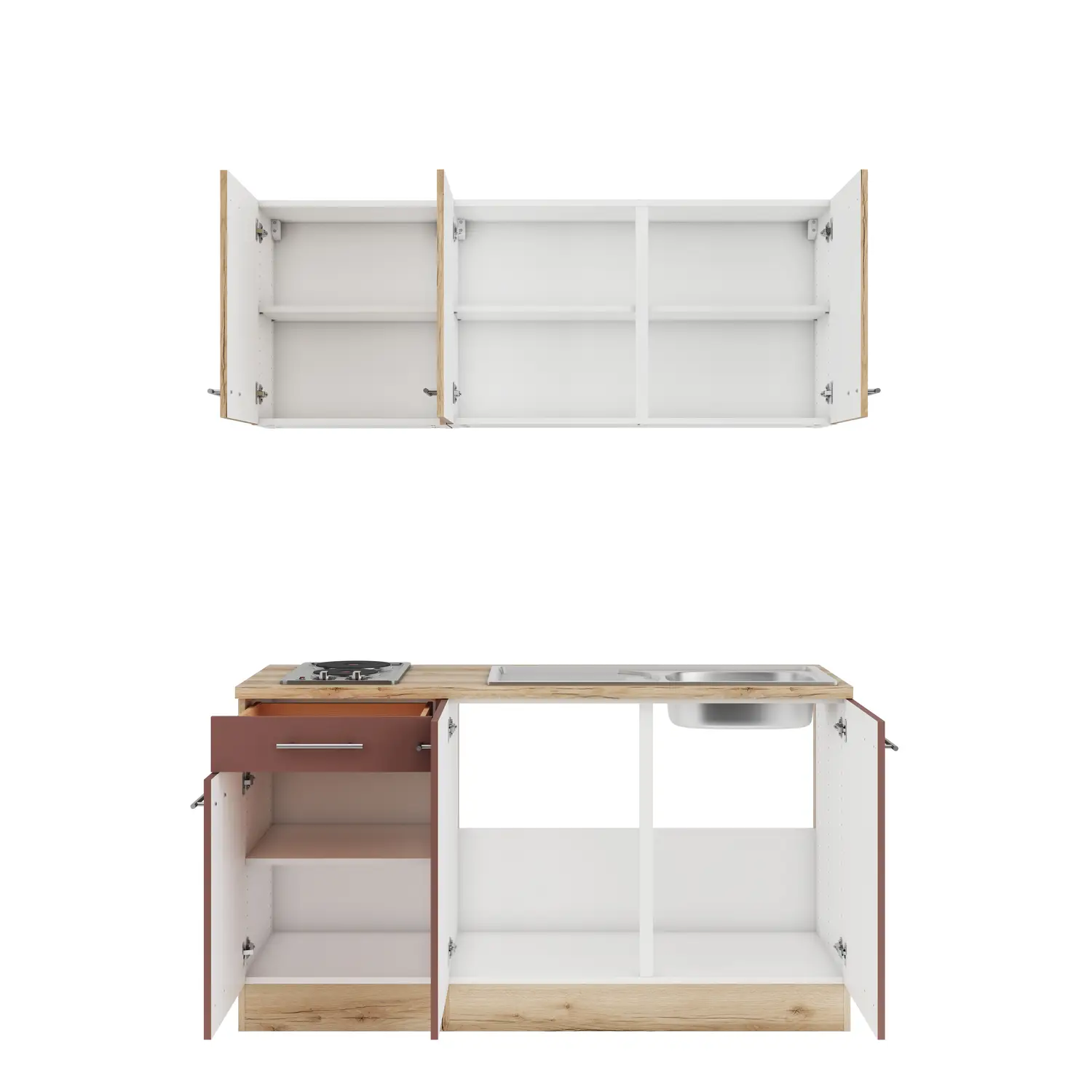 Küchenzeile mit Geräten OPTIFIT Bari / Livorno 150 cm Rostrot & Wildeiche