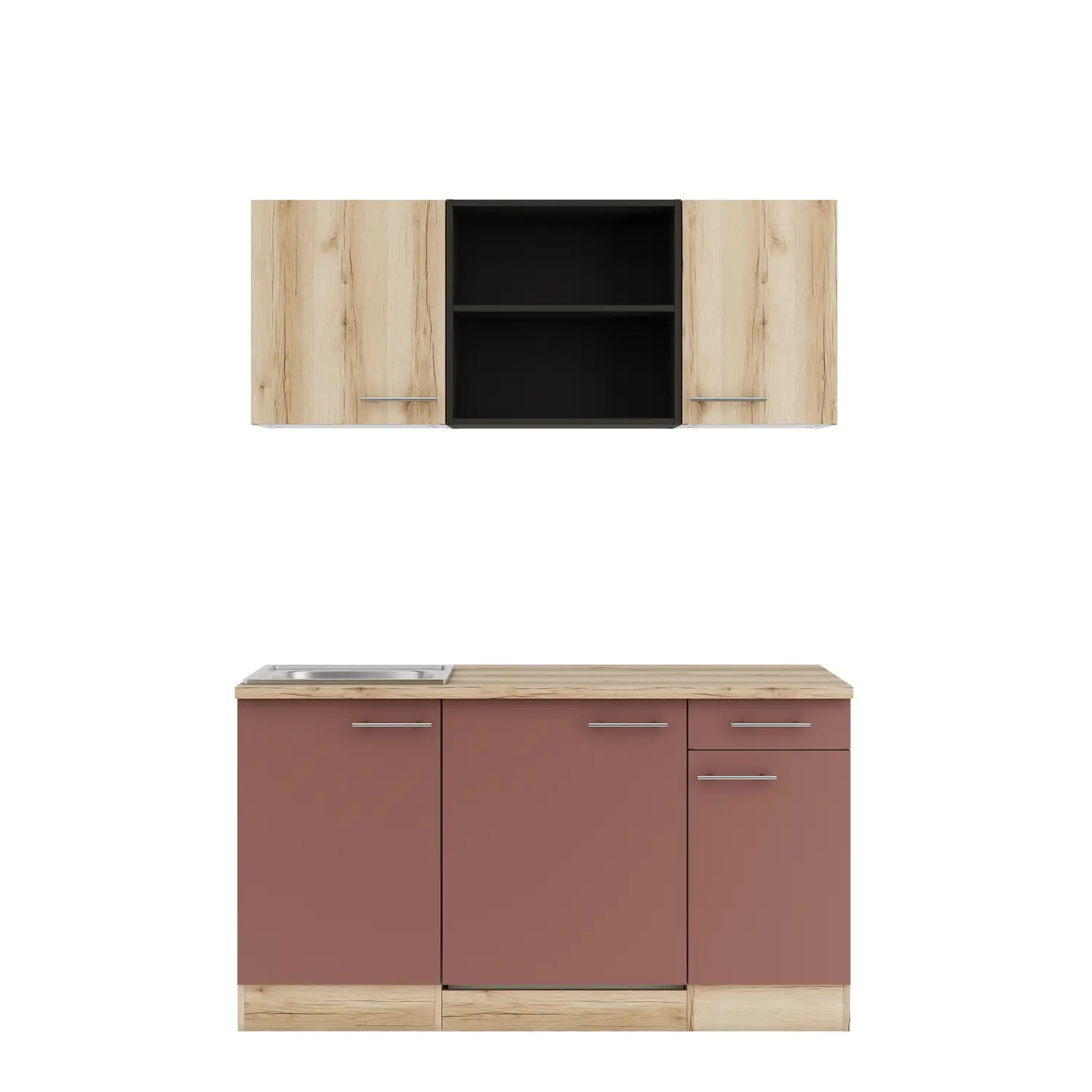 Küchenzeile Bari / Livorno mit Geräten Rostrot & Wildeiche 150 cm