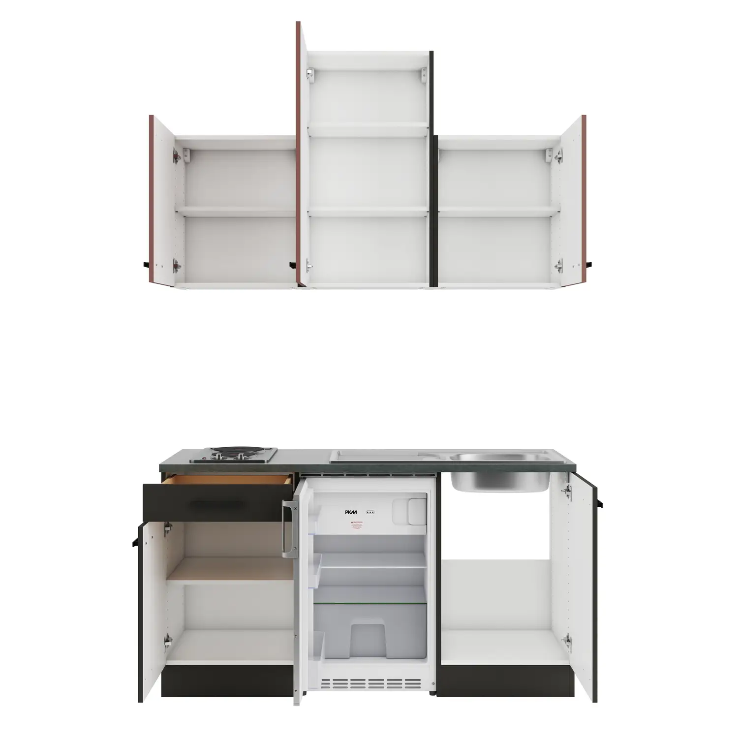 Küchenzeile mit Geräten OPTIFIT Madrid / Nizza 150 cm Anthrazit & Rostrot