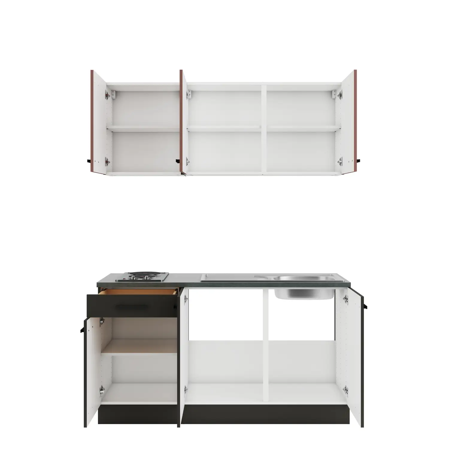 Küchenzeile Madrid / Nizza mit Geräten Anthrazit & Rostrot 150 cm