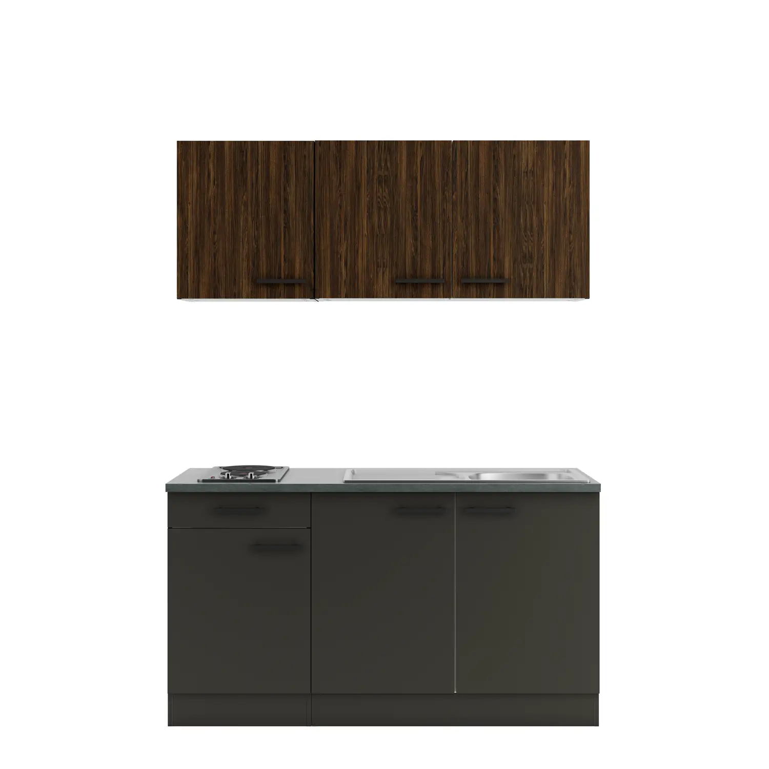 OPTIFIT Madrid / Rimini Küchenzeile mit Geräten 150 cm Anthrazit & Nussbaum Rillendekor