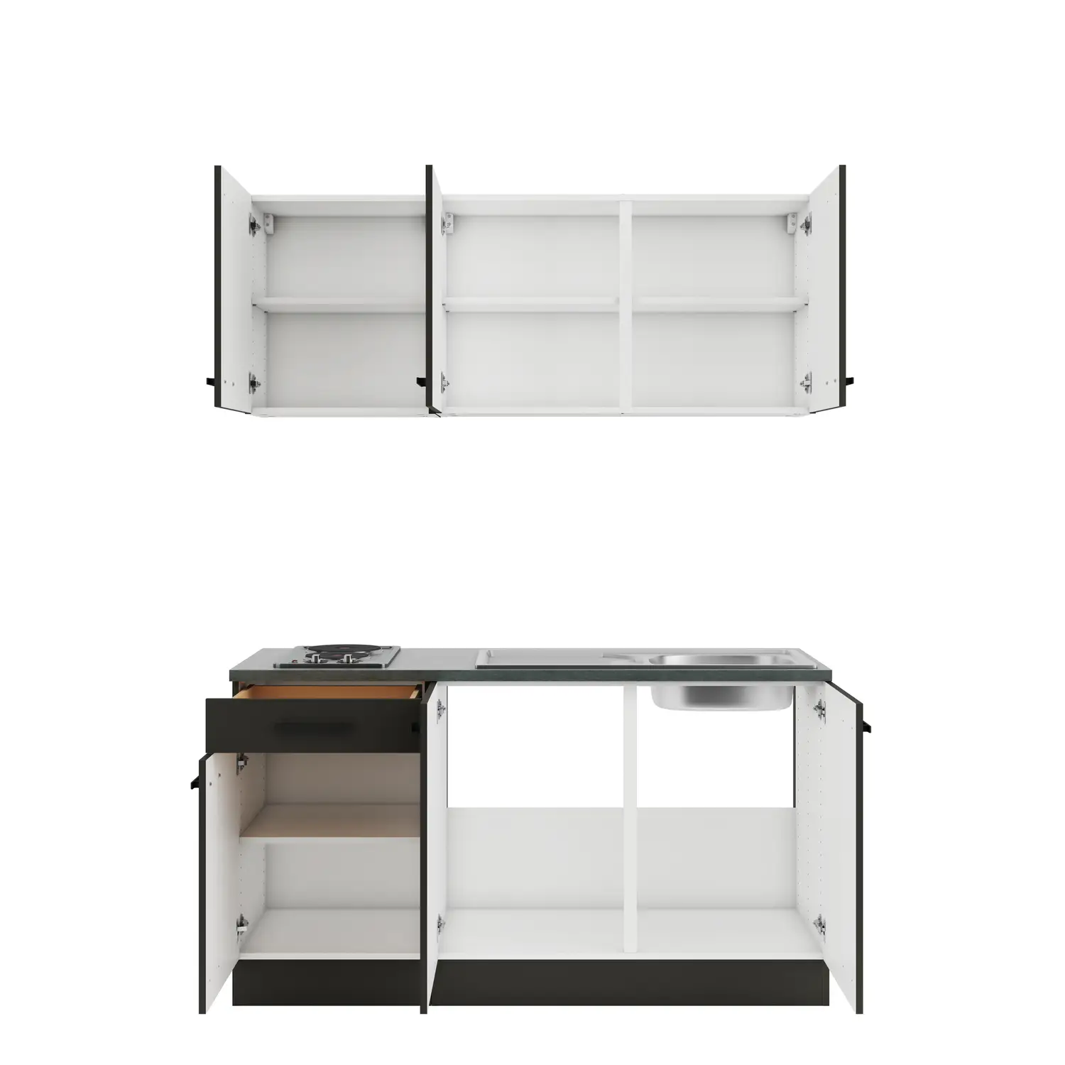 OPTIFIT Madrid / Rimini Küchenzeile mit Geräten 150 cm Anthrazit & Nussbaum Rillendekor