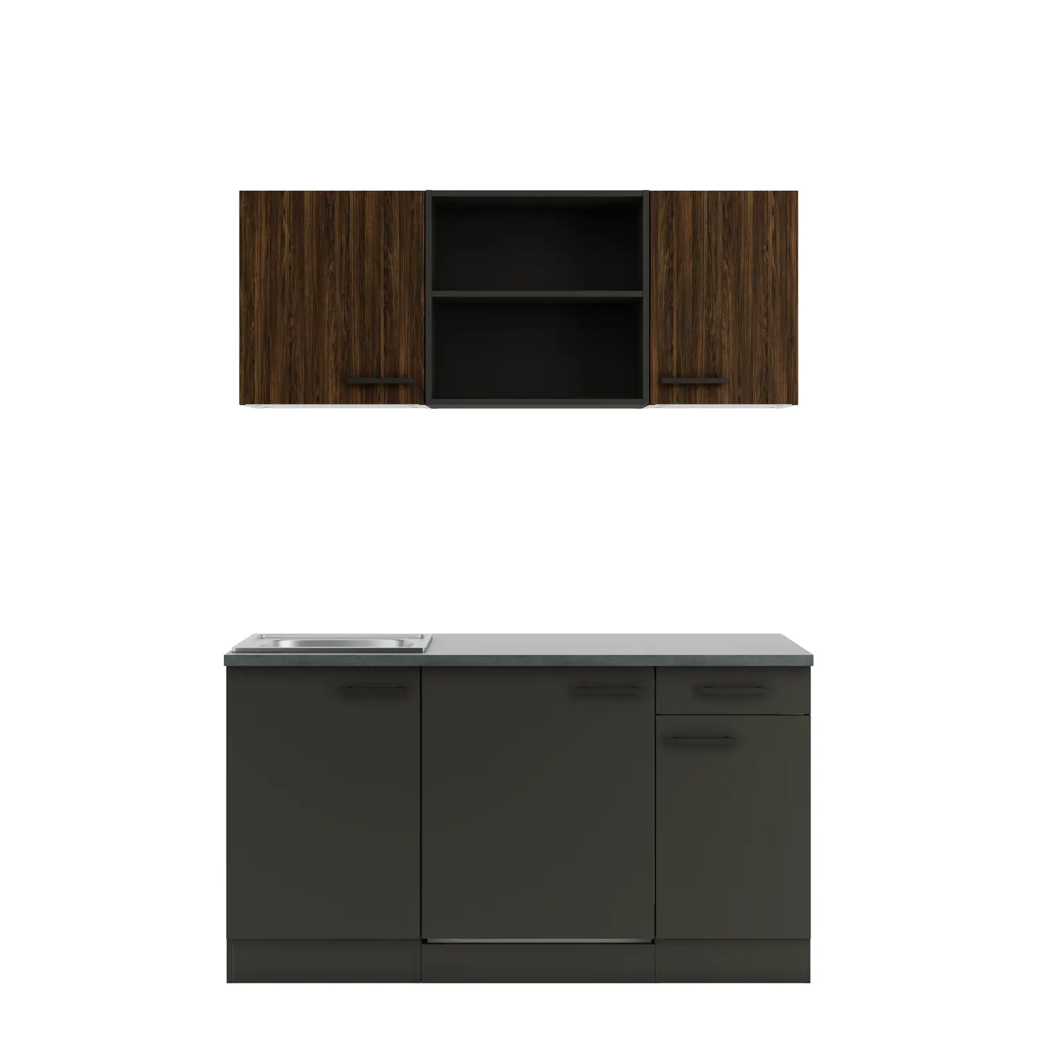 Küchenzeile mit E-Geräten 150 cm Anthrazit & Nussbaum Rillendekor Küchenzeile mit E-Geräten 150 cm Anthrazit & Nussbaum Rillendekor