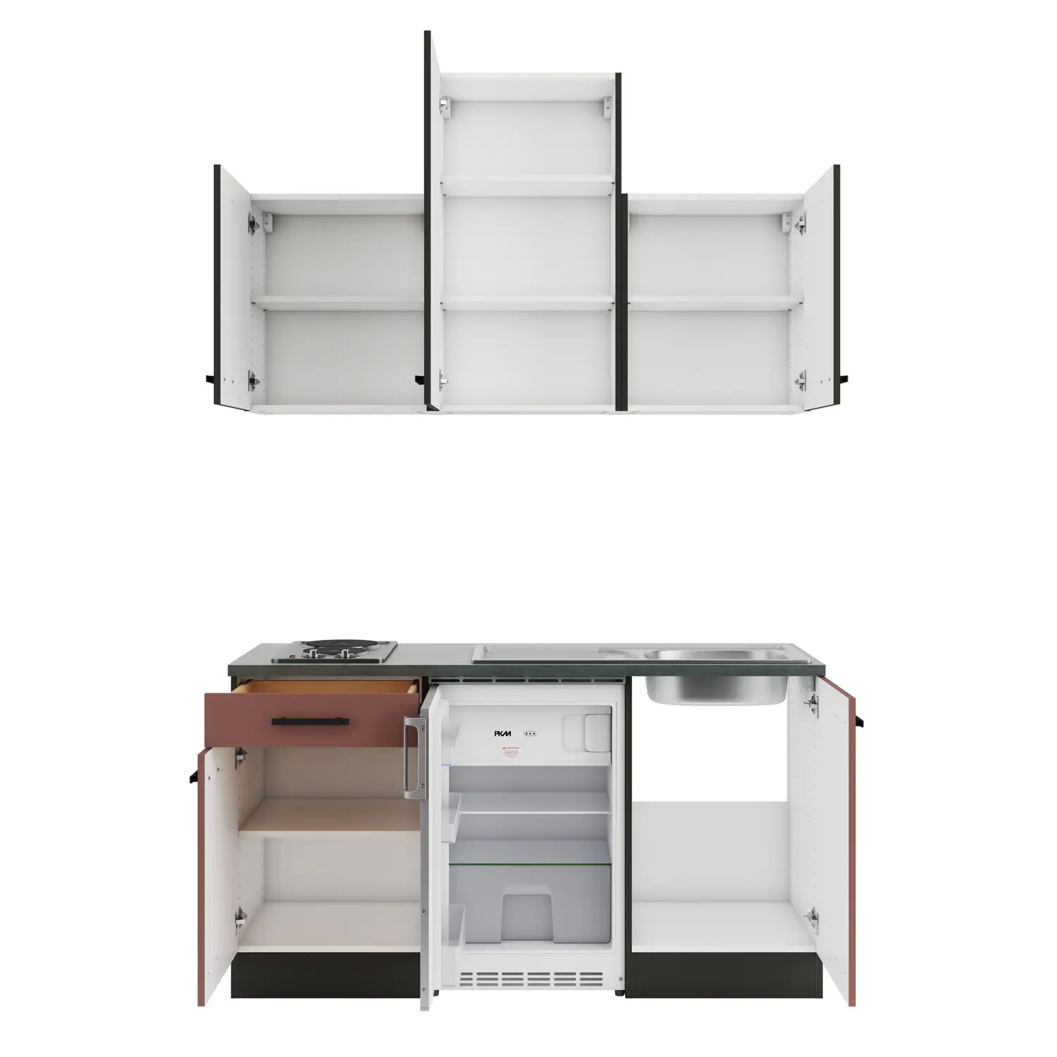 OPTIFIT Nizza / Rimini Küchenzeile mit Geräten 150 cm Rostrot & Rillendekor Nussbaum