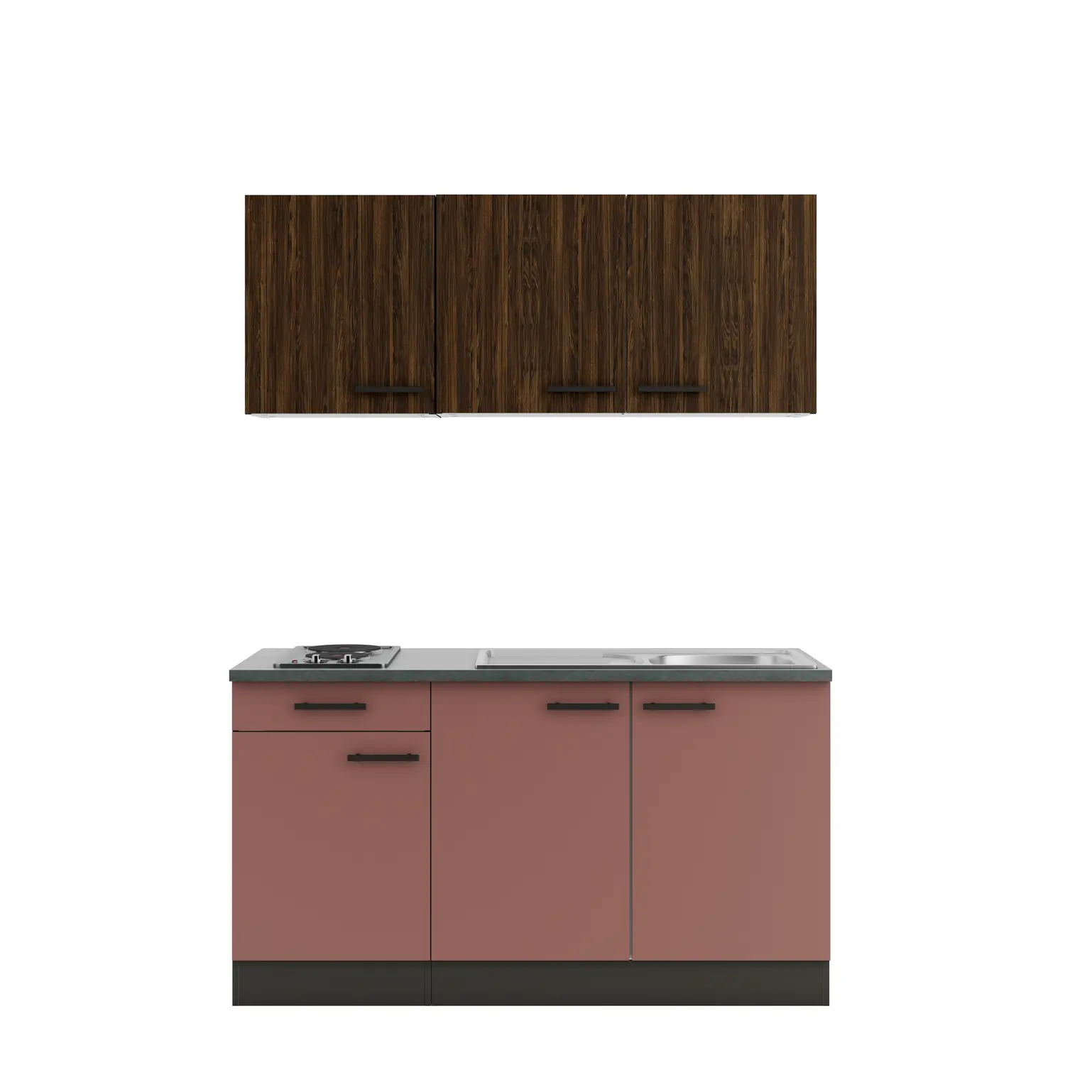 Küchenzeile mit E-Geräten 150 cm Rostrot & Nussbaum Rillendekor
