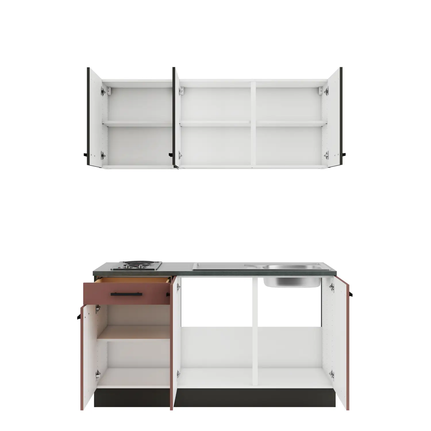 Küchenzeile mit E-Geräten 150 cm Rostrot & Rillendekor Nussbaum