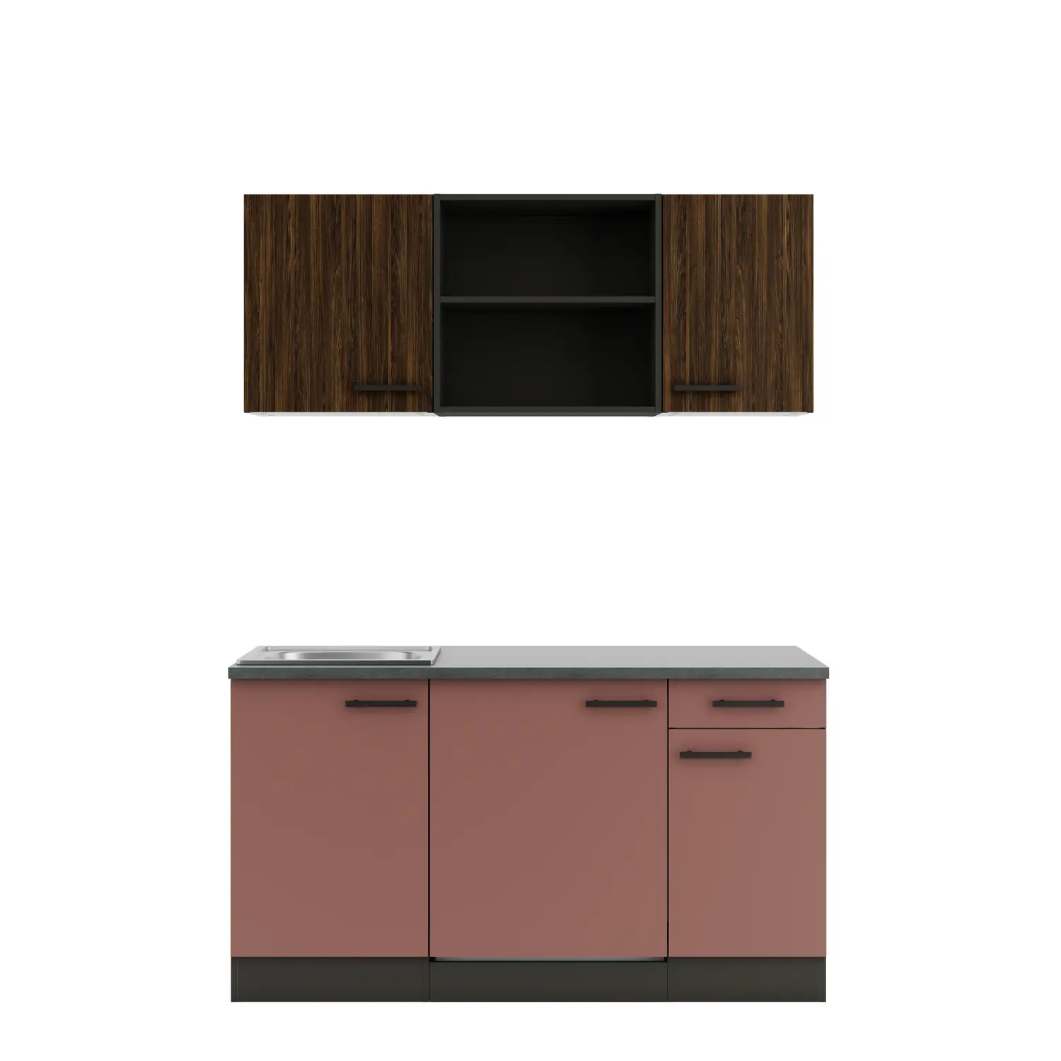 OPTIFIT Küchenzeile Nizza / Rimini mit Geräten 150 cm Rostrot & Rillendekor Nussbaum