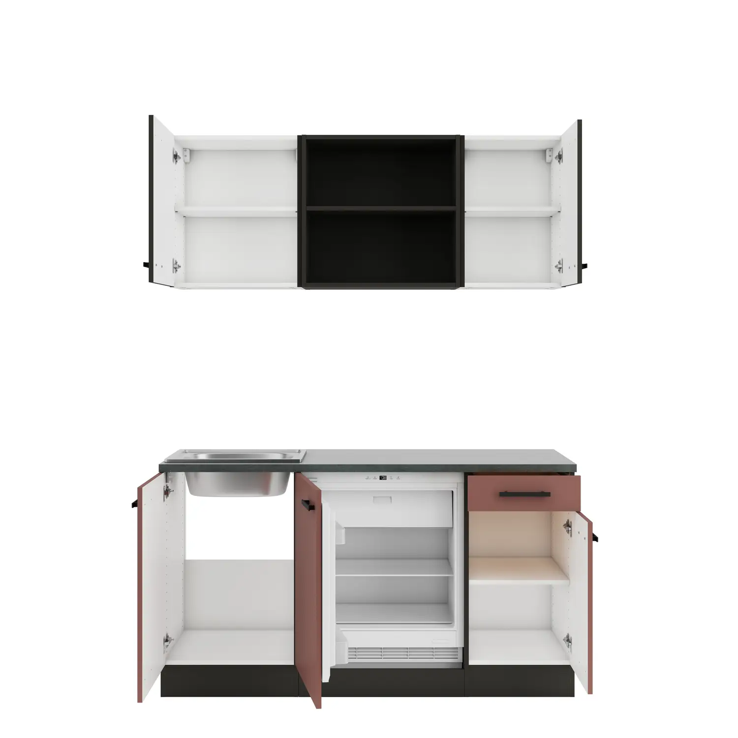 OPTIFIT Küchenzeile Nizza / Rimini mit Geräten 150 cm Rostrot & Rillendekor Nussbaum